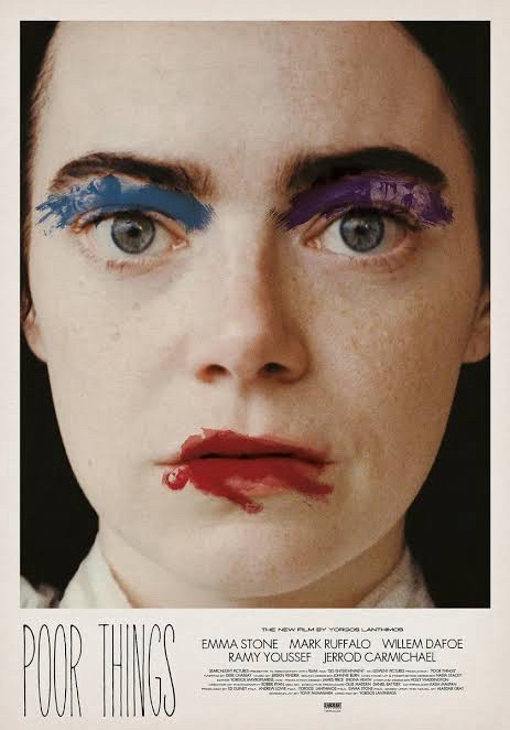 Movie poster for Poor Things. Emma Aston’s close up with brightly smeared makeup