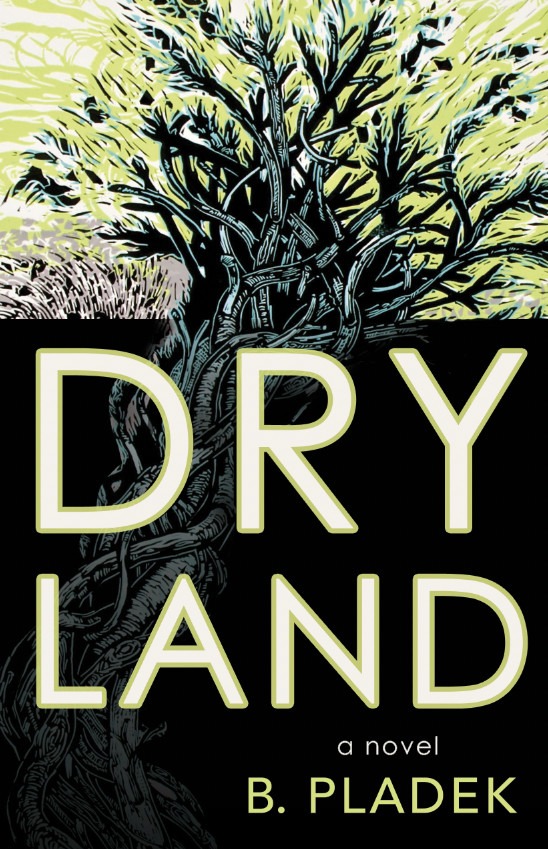 DRY LAND cover, a green tree on black background