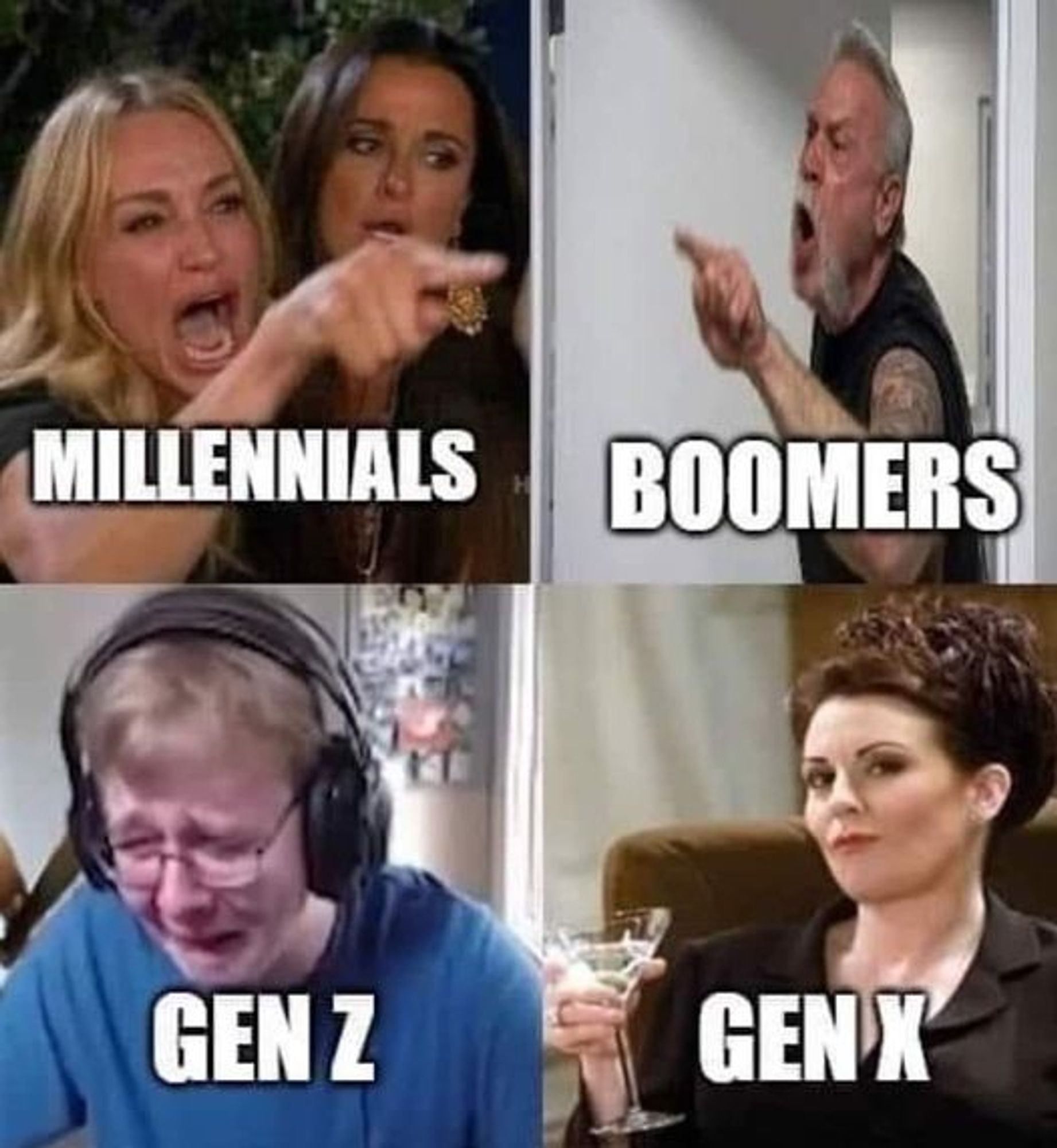 Eine humorvolle Meme-Collage zeigt die unterschiedlichen Generationen mit stereotypischen Reaktionen: Millennials (zwei Frauen, die wütend schreien und auf jemanden zeigen), Babyboomer (ein älterer Mann mit Bart, der ebenfalls wütend etwas zuruft), Gen Z (ein junger Mann mit Kopfhörern, der weint) und Gen X (eine Frau, die gelassen mit einem Drink in der Hand das Geschehen beobachtet).