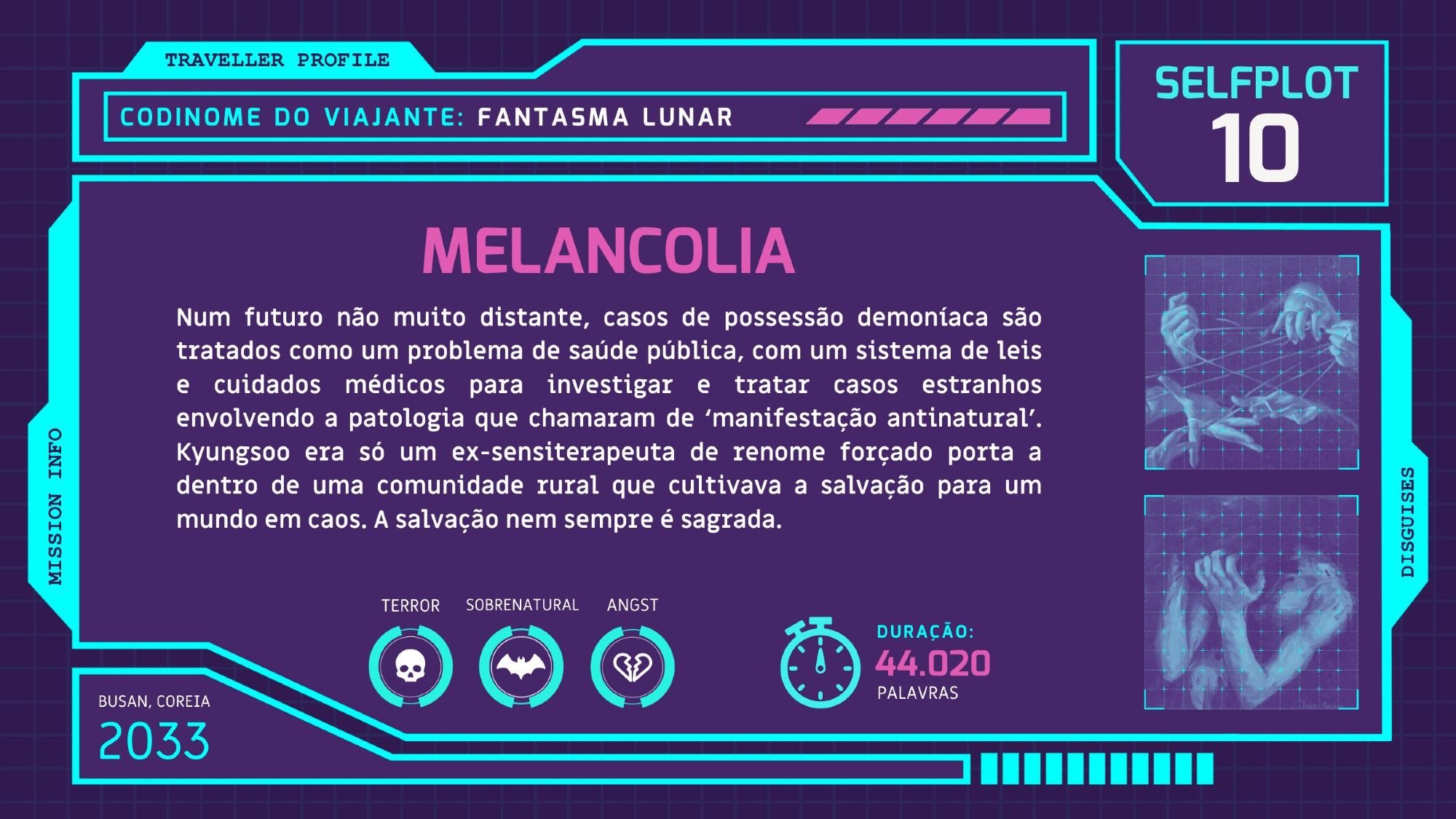 Sinopse: Num futuro não muito distante, casos de possessão demoníaca são tratados como um problema de saúde pública, com um sistema de leis e cuidados médicos para investigar e tratar casos estranhos envolvendo a patologia que chamaram de ‘manifestação antinatural’. Kyungsoo era só um ex-sensiterapeuta de renome forçado porta a dentro de uma comunidade rural que cultivava a salvação para um mundo em caos. A salvação nem sempre é sagrada.