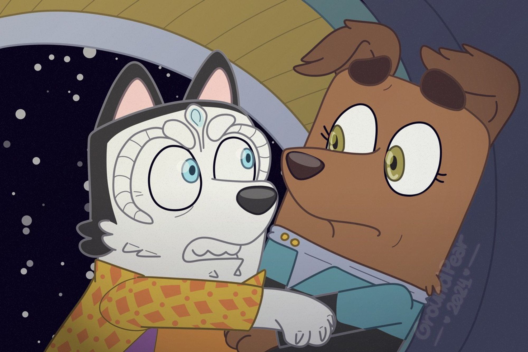 A scene from Star Trek: Deep Space Nine drawn in Bluey style. It shows Garak like as an anthropomorphic squarish black and white Siberian husky, wearing a fashion flamboyant golden patterned shirt, and Bashir as an anthropomorphic squarish brown saluki, in blue sciences Starfleet uniform. The angry growling Garak grabs a startled Bashir. The background is a typical Cardassian station quarters, showing a space starry window.