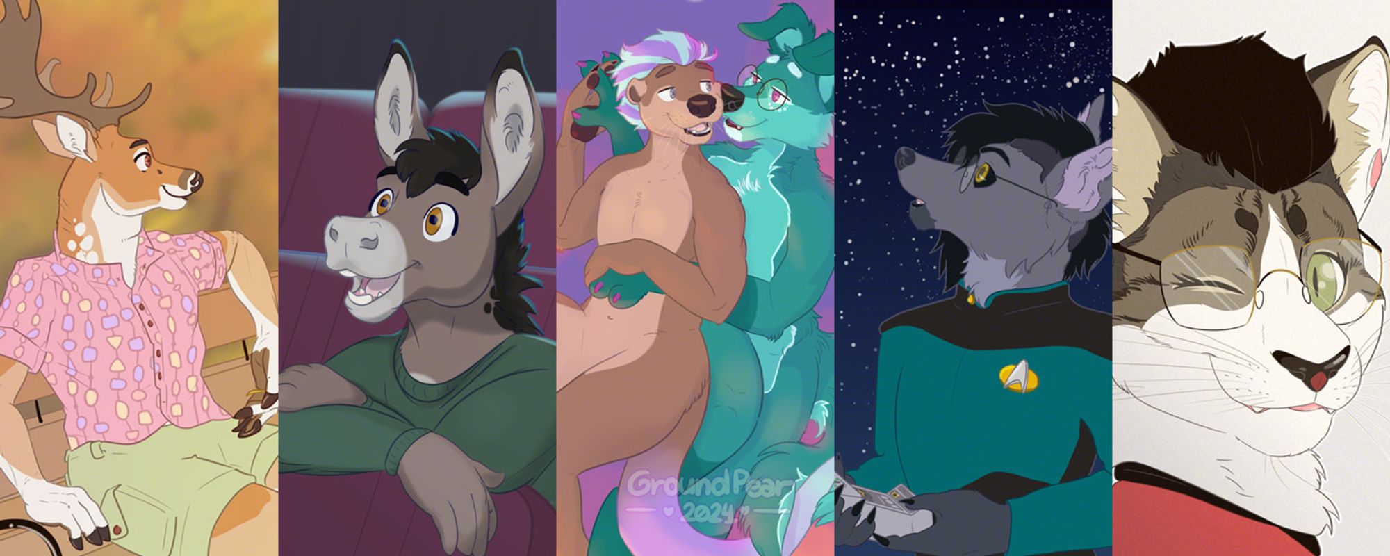 A composition of five colored drawings of anthropomorphic animals. 1- a fallow deer on a park bench; 2- a donkey in the movie theather; 3- an otter and a dog, floating and hugging; 4- a wolf-fox hybrid, observing the stars; 5- a bicolor tabby cay winking.