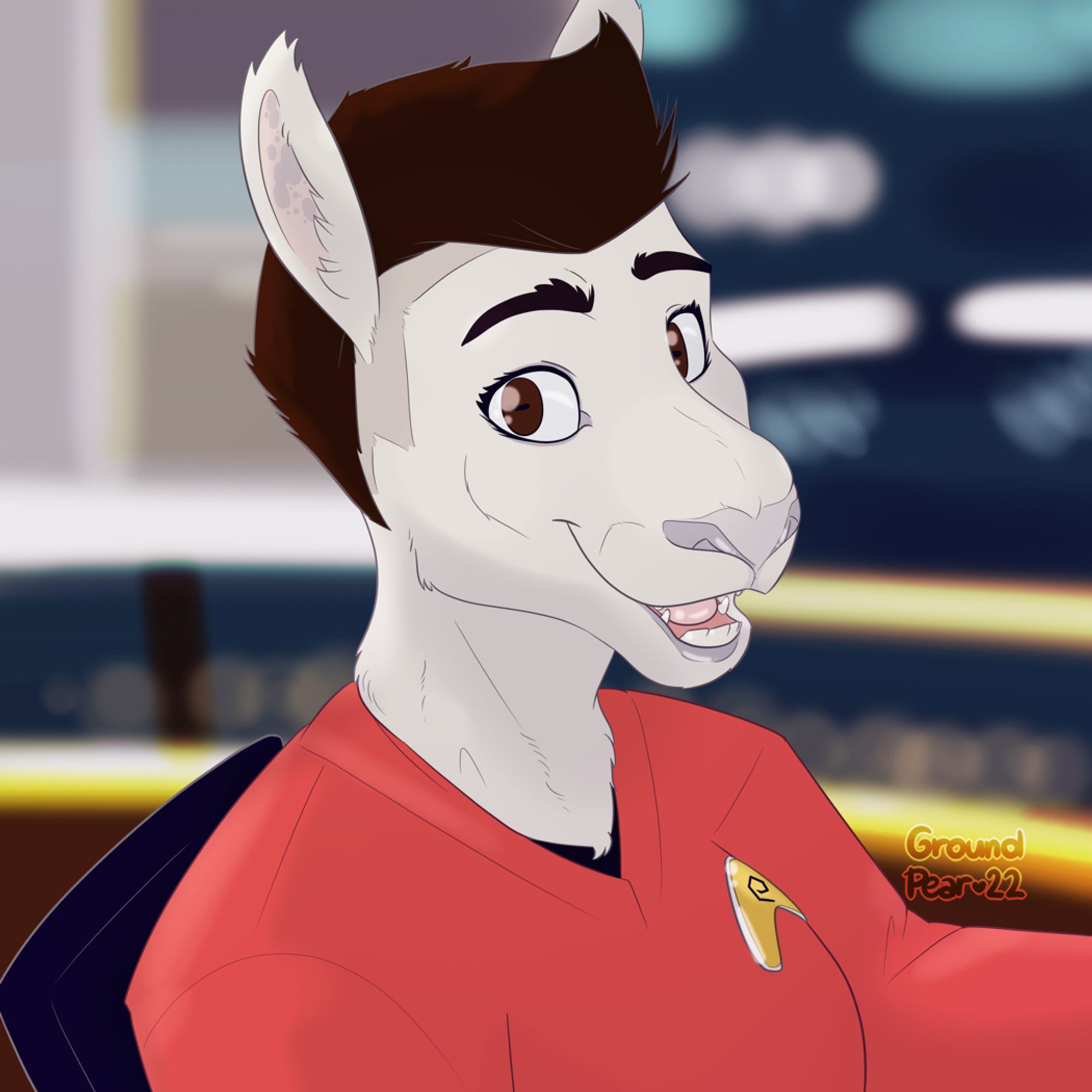 A colored drawing focusing the face of Erica Ortegas from Star Trek as an anthropomorphic llama, piloting and smiling mischiveous. The background is the Enterprise bridge, out of focus.