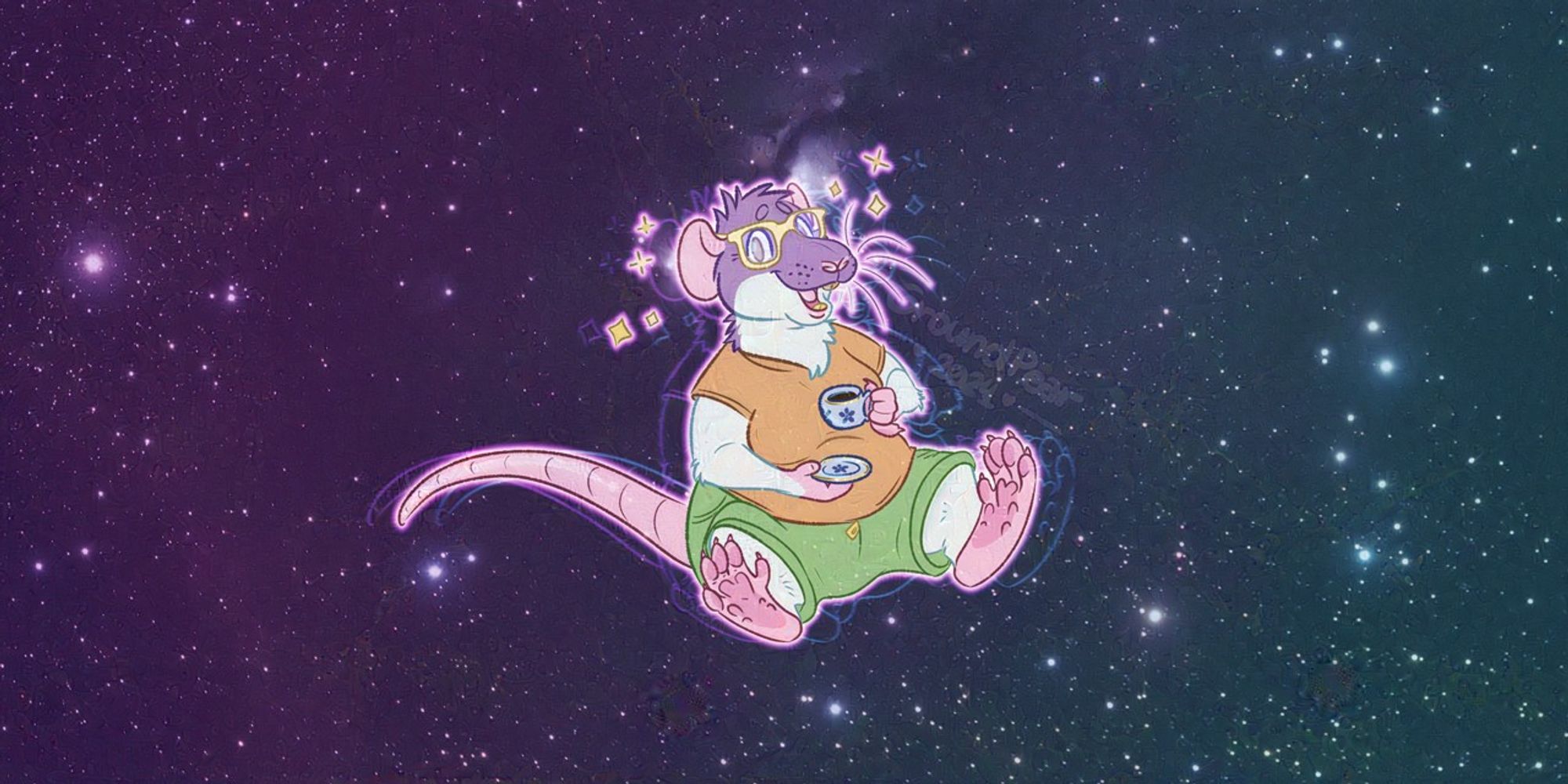 A flatcolors drawing of an anthropomorphic dumbo rat, fur colored lilac and white, wearing an orange shirt, green shorts, and eyeglasses. She is floating in space, shining, smiling, and drinking coffee in some nice white, golden and blue porcelain.