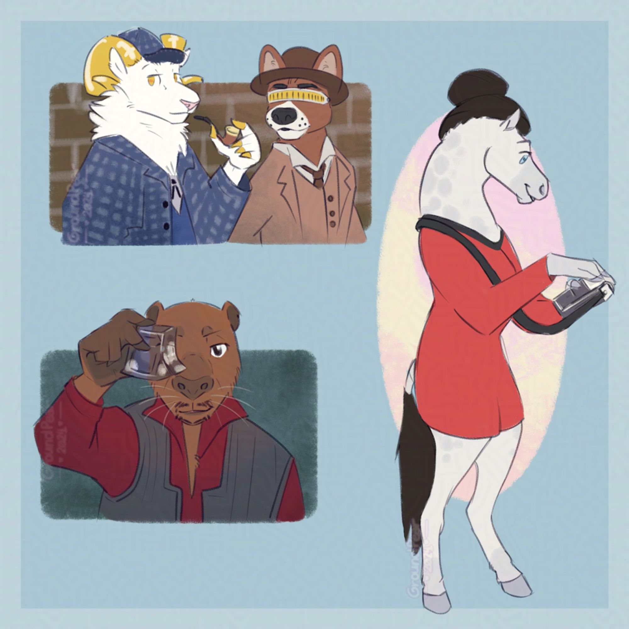 Three sketches of Star Trek characters as anthropomorphic animals: 1- Data as a ram and LaForge as a dog, dressed like Sherlock Holmes and Dr. Watson; 2- Benjamin Sisko as a capybara, in informal clothes, somberly cheering with a drink; 3- Jadzia Dax as a horse, in TOS-era era uniform, admiring a tricorder. Greyish blue background.