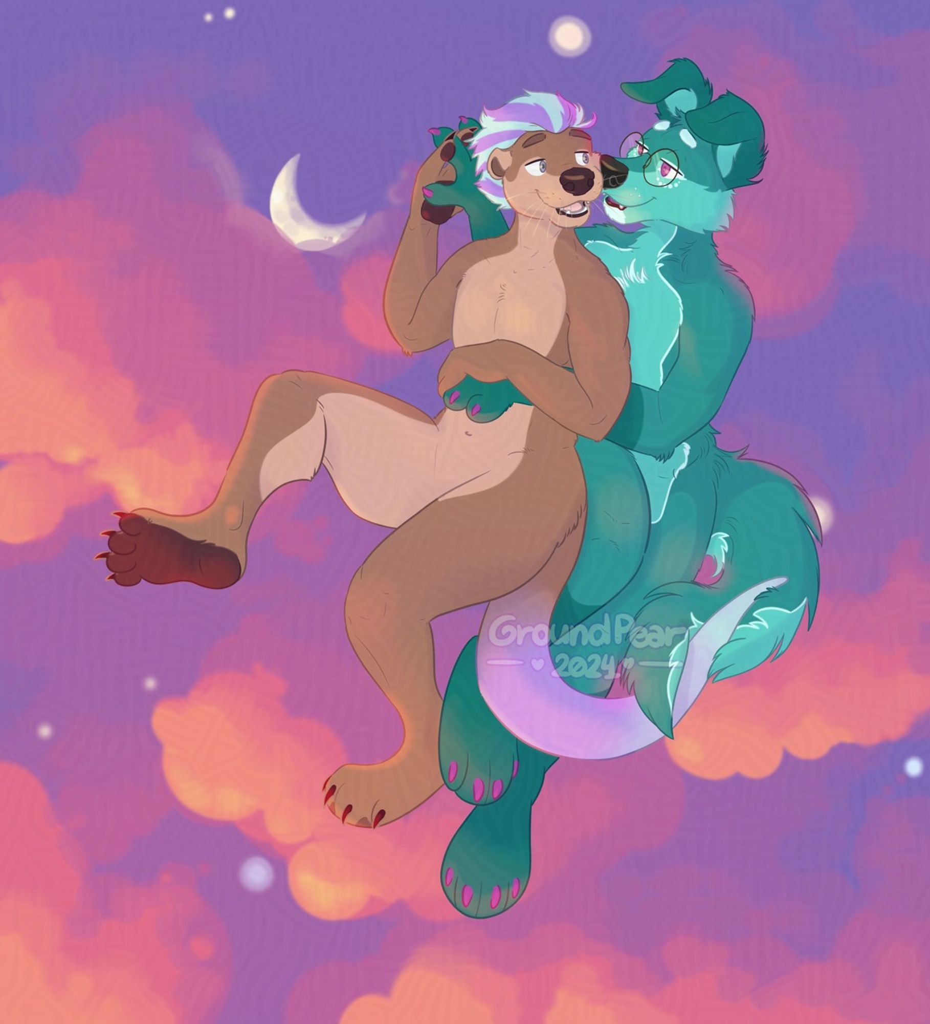 A shaded drawing of two anthropomorphic animals, an otter and a dog, hugging, spooning, and looking at each other, sweetly smiling. The otter is the small spoon, their fur is light brown and their hair is bright lilac and blue colored. The dog has floppy ears, semilong teal fur, and uses round eyeglasses. They are floating over a sunset sky with clouds in oranges, pinks and purples, showing also faint stars and a crescent moon.