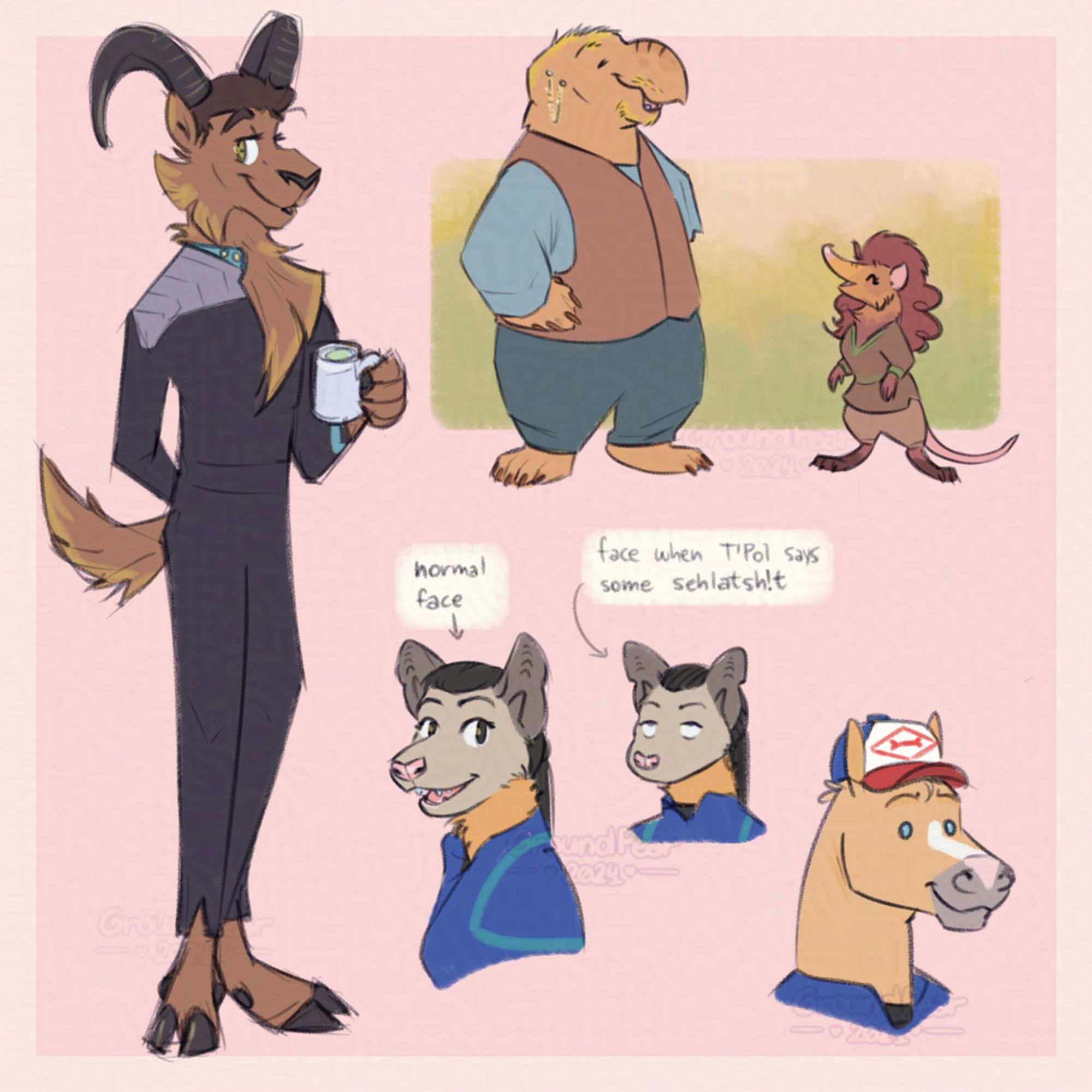 Multiple sketches of Star Trek characters as anthropomorphic animals: 1- Doctor Bashir as an aoudad, standing and holding a cup of tea; 2- Furel and Lupaza, the Bajoran resistance fighters, as an elephant seal and an elephant shrew, standing and laughing; 3- Busts of Hoshi Sato as a vesper bat, one with a normal face, other with a very annoyed face rolling the eyes and the caption "face when T'Pol says some sehlatshit" 4- Bust of Trip Tucker as a sorrel horse, with a mechanical cap. Pastel warm pink background.