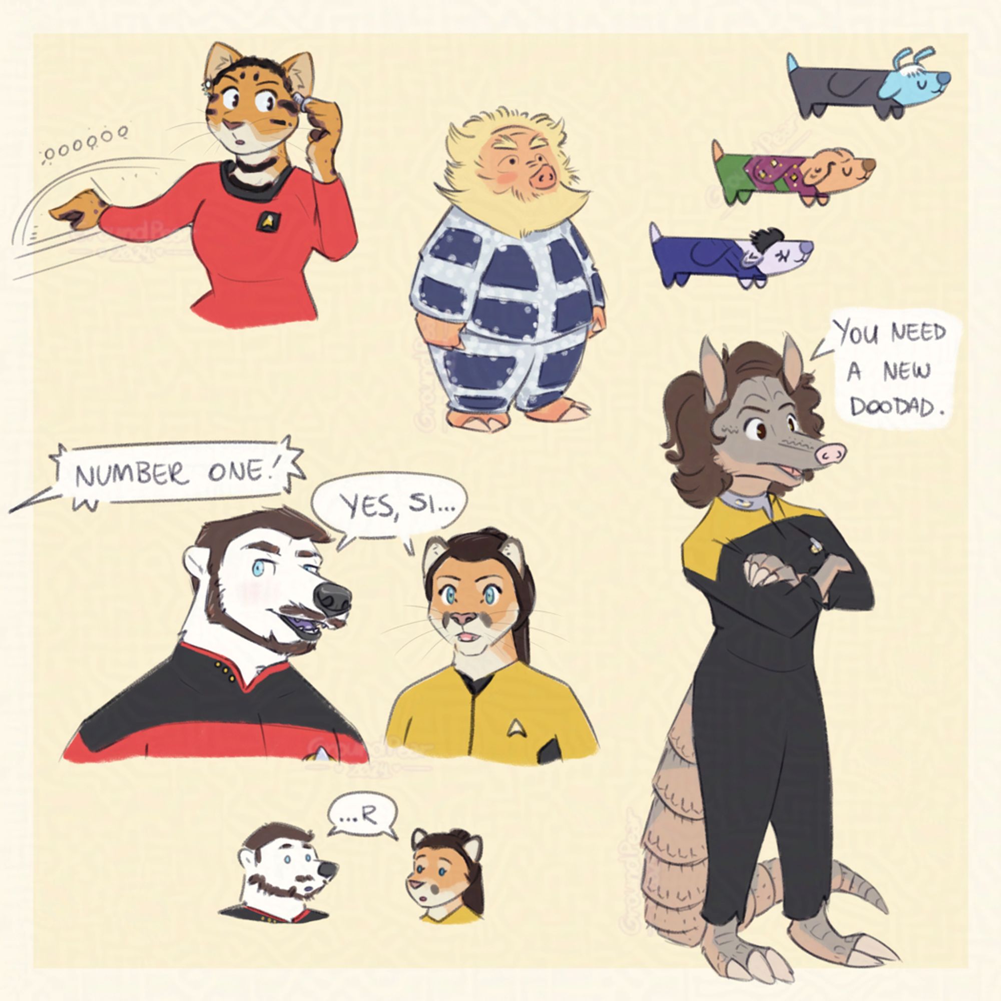 Multiple sketches of Star Trek characters as anthropomorphic animals: 1- Waist-up view SNW Uhura as a black-footed cat, sitting at the communications panel, looking over her shoulder with a surprised and judgemental expression; 2- Fullbody view of a stocky pig-like blonde bearded Tellarite in TOS-era silvery uniform with navy big squares. 3- Three stylized Dachshunds known as "longdogs" brom Bluey, sideview, representing: 3a- the Andorian Shran, blue with dark clothes, antennae and white tuft; 3b- the Ferengi Brunt with domed head and shiny vine and green clothes; 3c- the Vorta Weyoun colored pale lilac, with black tuft, and purple clothes. 4- Bust view of Riker from TNG, a polar bear, and Una from SNW, a puma, answering in unisone "Yes, si.." to a call "Number One!". Two surprised chibi head complete the last "...r". 5. Fullbody view of B'Elanna as an armadillo, in Starfleet golden uniform, standing up, arms crossed, serious expression, saying "You need a nee doodad". Light yellow bg