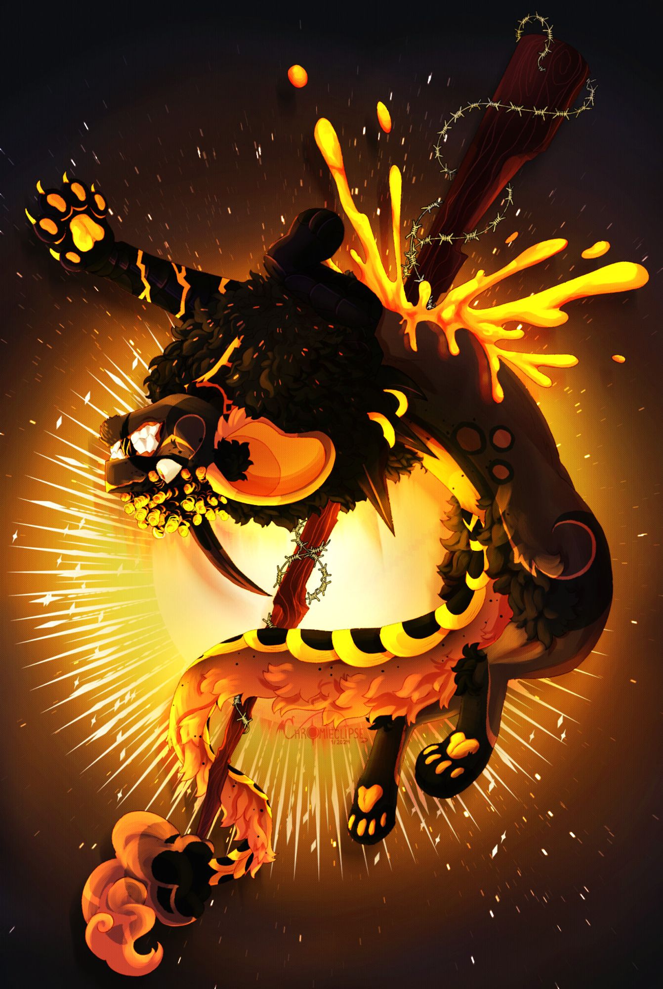 A black and brown bengal-tabby cat with armored plating on his tail, forelegs, forehead, and shoulders is skewered by a spike wrapped in barbed wire. his tail ends in a unicorn fluff, and wraps around the skewer. His expression is distressed. The blood looks like molten metal, and he bends backwards around a brilliant sun.