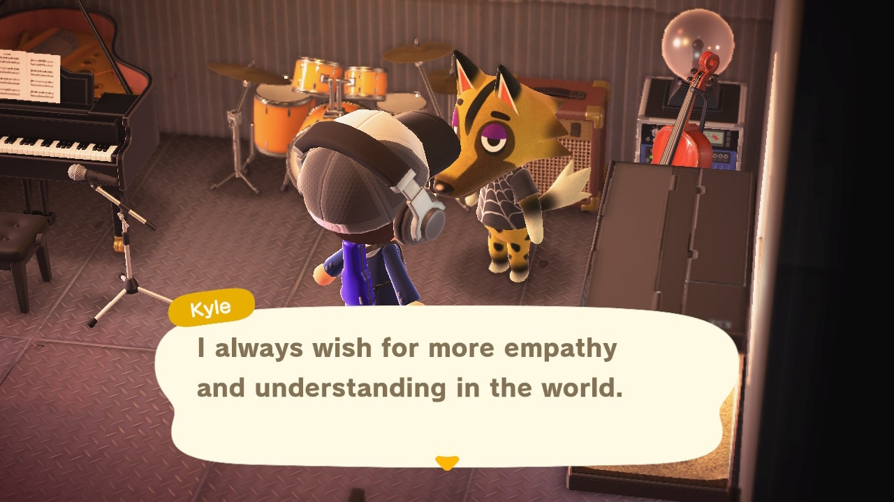 An Animal Crossing New Horizons screenshot, of Hitsugaya210's villager speaking with Kyle. Kyle saying: "I always wish for more empathy and understanding in the world."