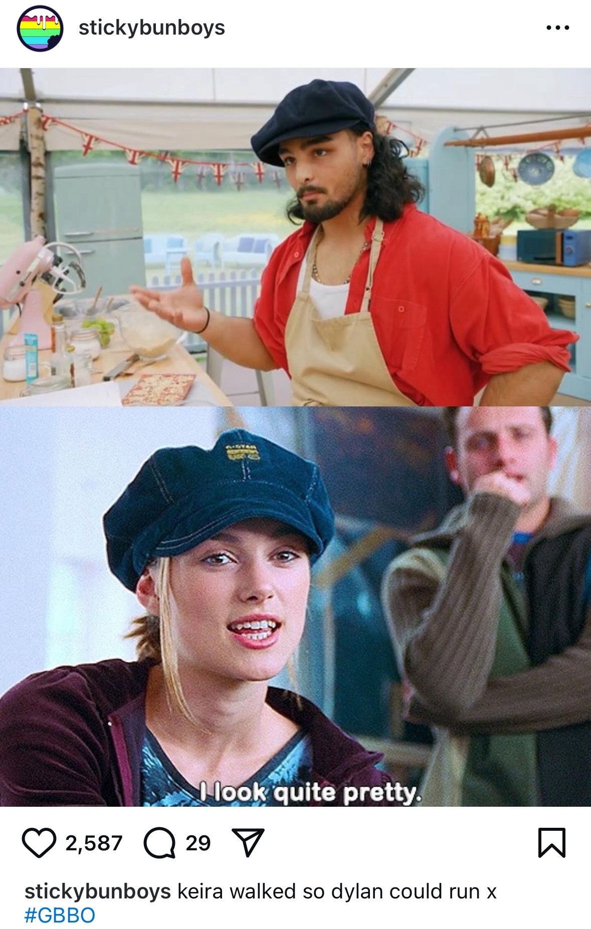 An Instagram post by stickybunboys with Dylan on GBBO wearing an oversized red button down and large black newsboy-style hat. Below it is a screenshot from Love Actually, where Keira Knightly is wearing a similar hat and saying, “I look quite pretty.”