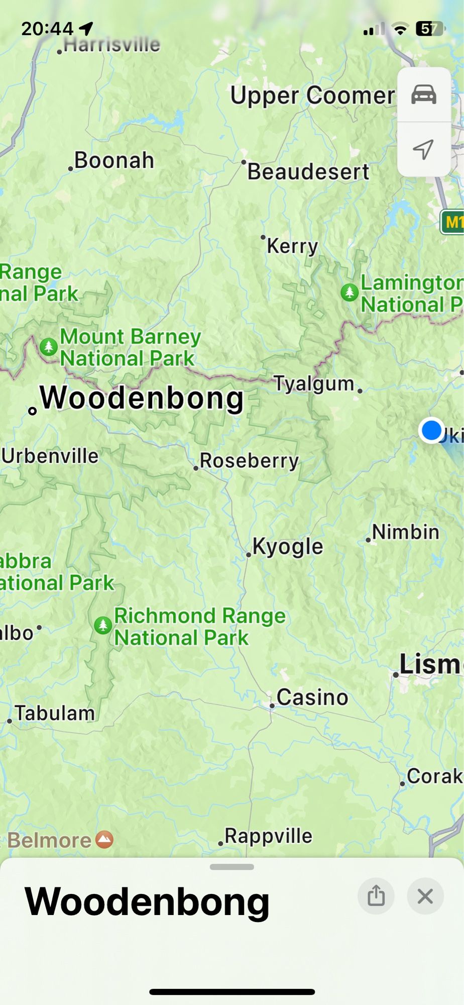 A screenshot of a map showing Woodenbong and in the bottom right Nimbin.