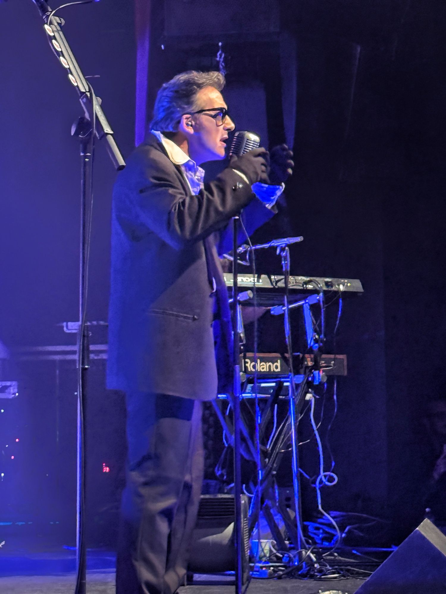 Dave Vanian of the Dammed on stage. Dave is a Caucasian man, in a suit and black gloves, holding a vintage mic