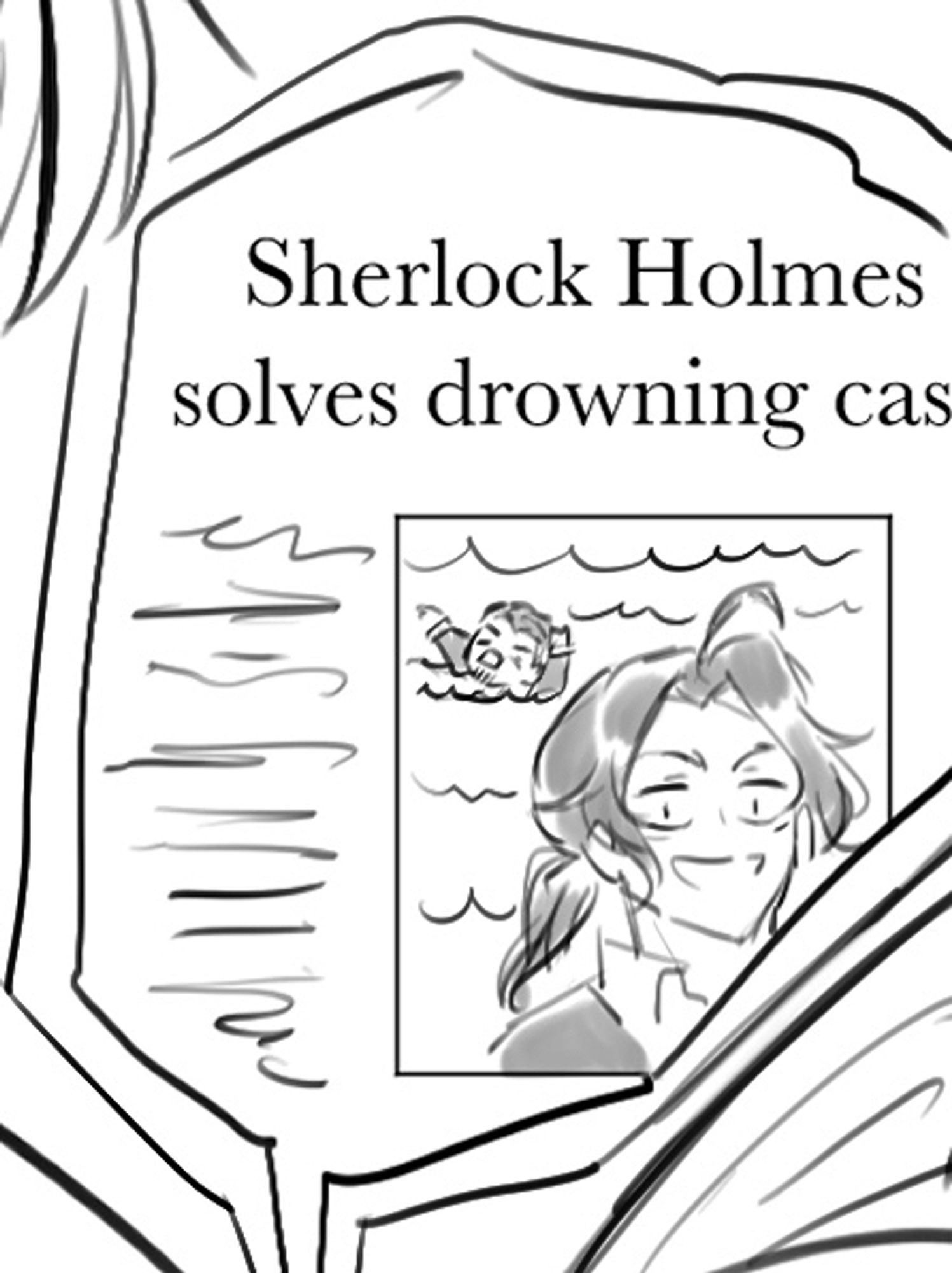 zoom in of newspaper with photo of Sherlock smiling while lestrade drowning in background