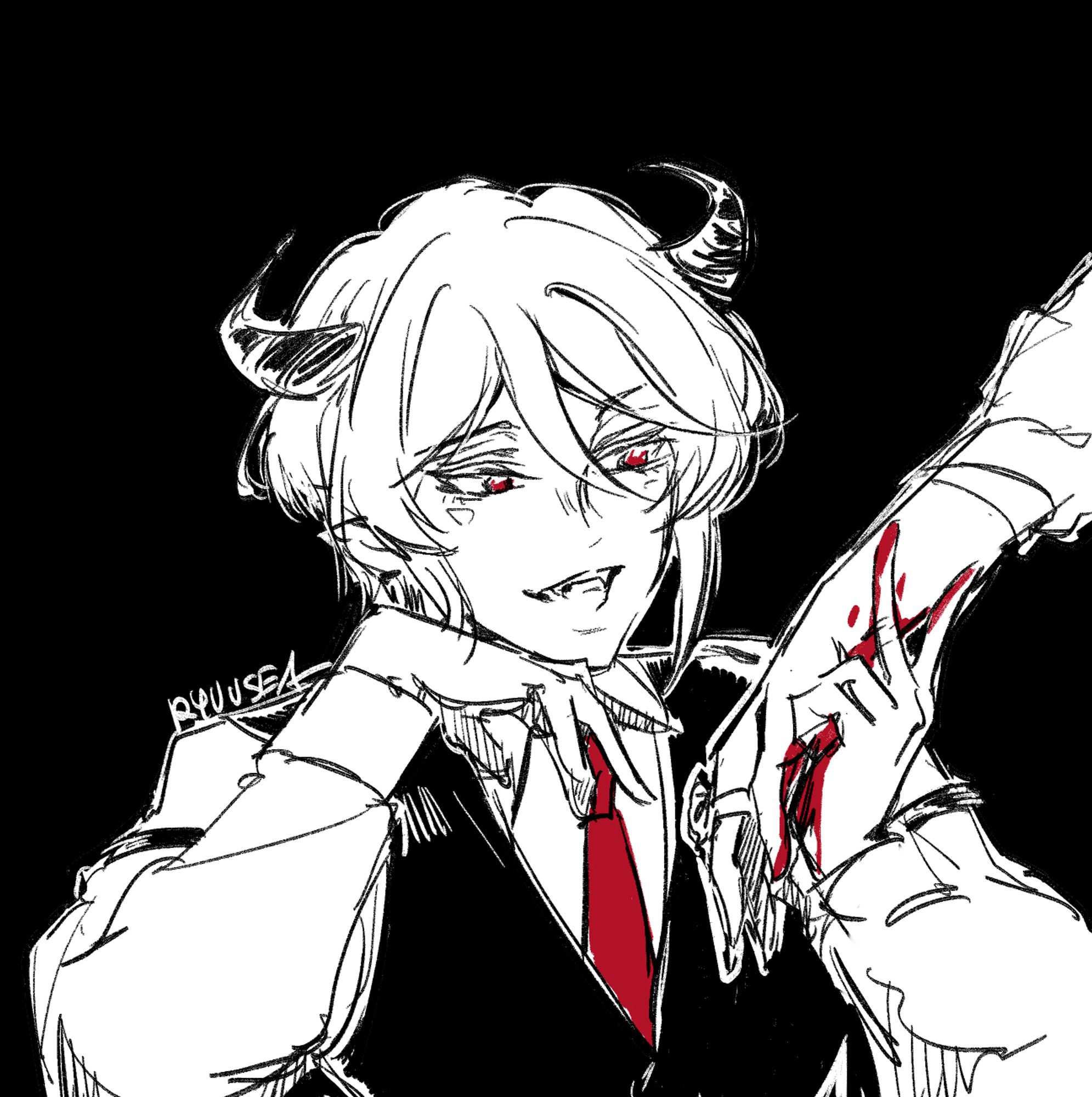 Yuumori Liam as vampire against black background, black and white except for red on tie, his eyes, and blood on Sherlock’s arm which he holds by the wrist