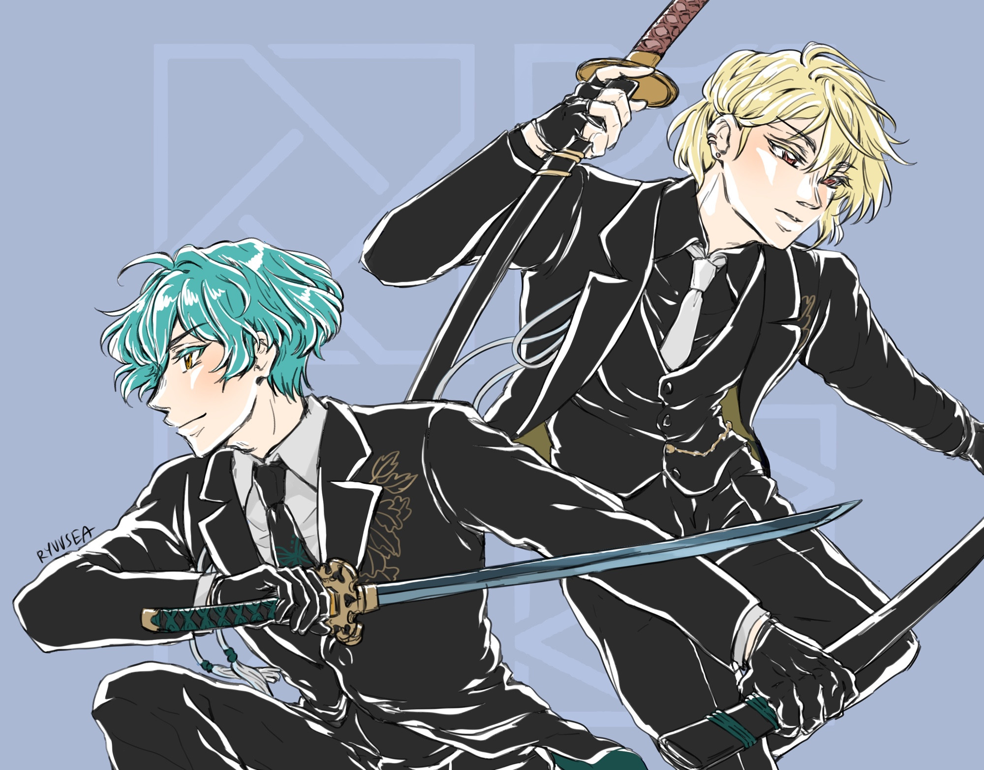 isumi haruka, minami natsume in never lose my rule MV suits and wielding katana. Haruka on left with sword held in front of him. Minami just behind him to right with sheathed sword held in right hand. 