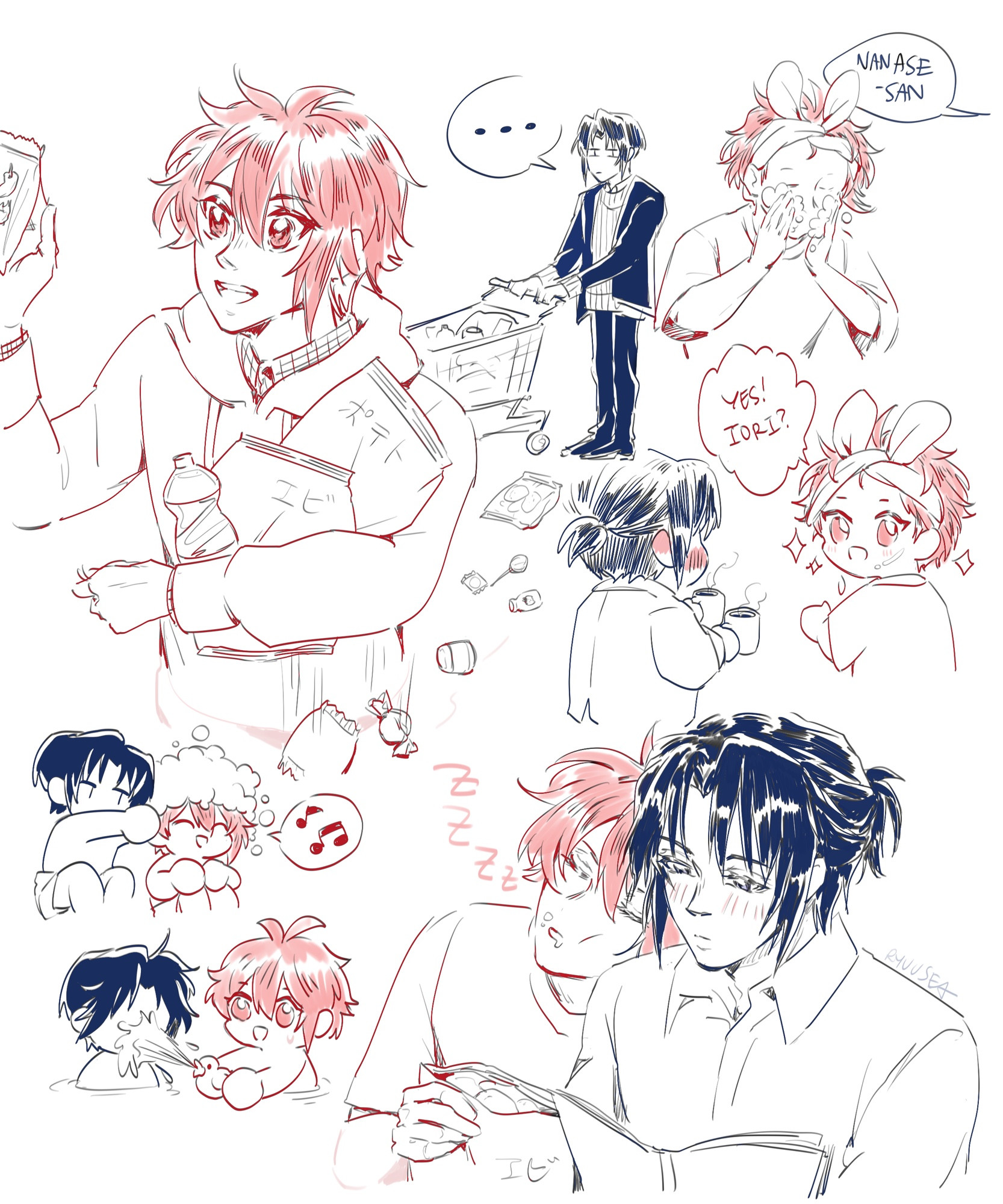 ioriku sketches, riku buying groceries but dropping them and Iori watching from cart “…” / riku washing face with rabbit ear headband and Iori finding him cute / iori helping him wash his hair chibis, Riku splashing him with water in face / riku leaning asleep against iori’s shoulder while Iori reading 