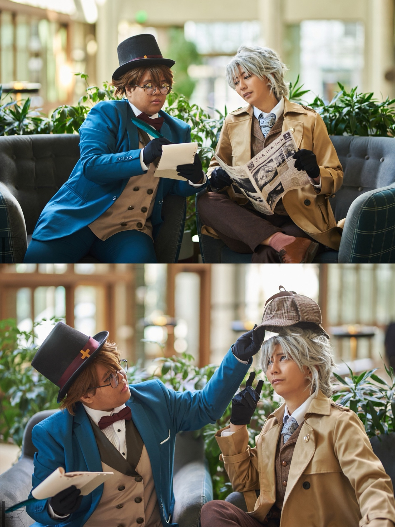 Hidden Region TRIGGER Ryuu and Gaku cosplay. First photo is Ryuu writing on paper while Gaku looks over while holding newspaper. Next photo is Ryuu putting deerstalker hat on Gaku’s head. 