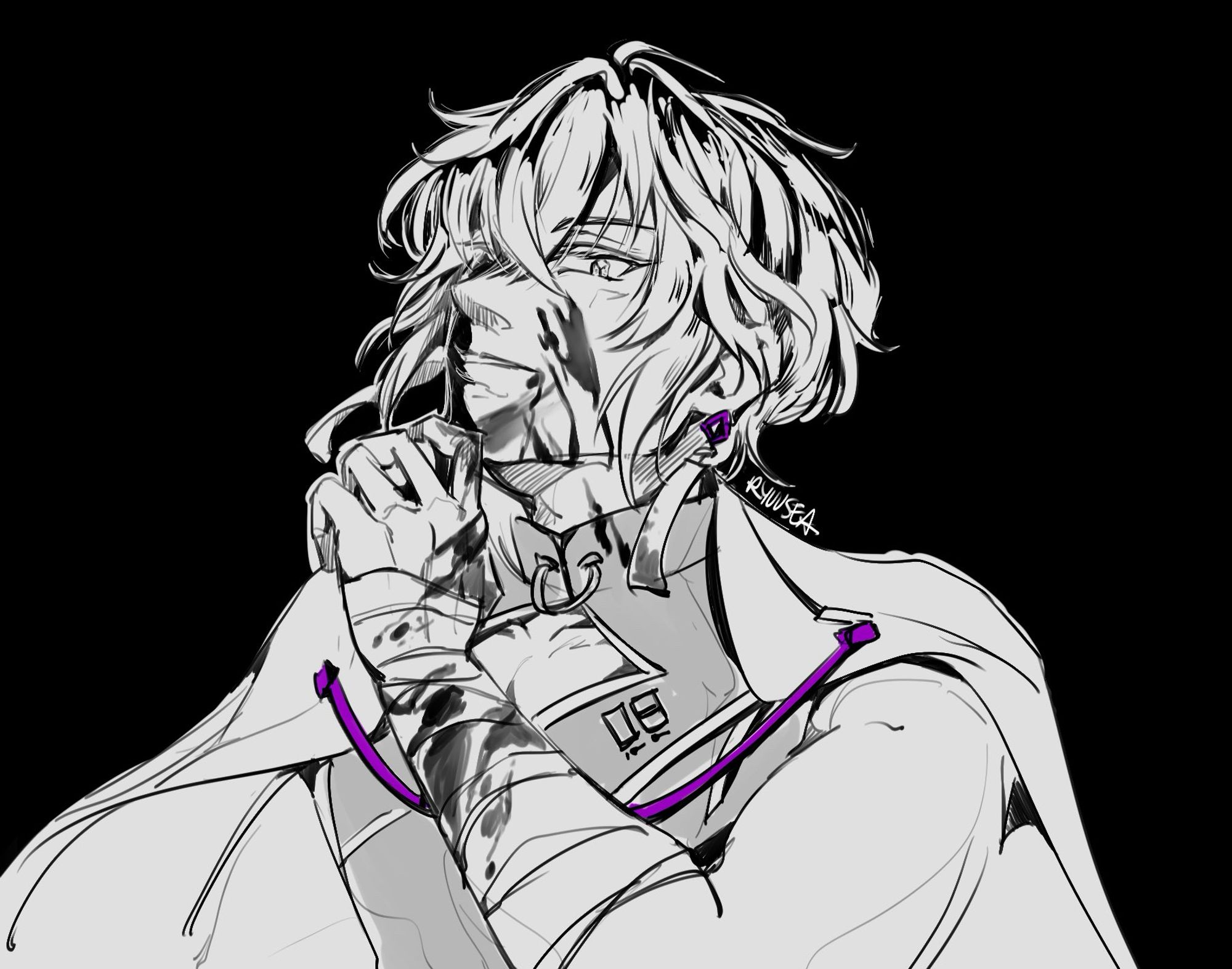 2024 anniversary gaku, chin titled up while swipe blood from his face. black and white with purple accent on the tie on his clothes, black background