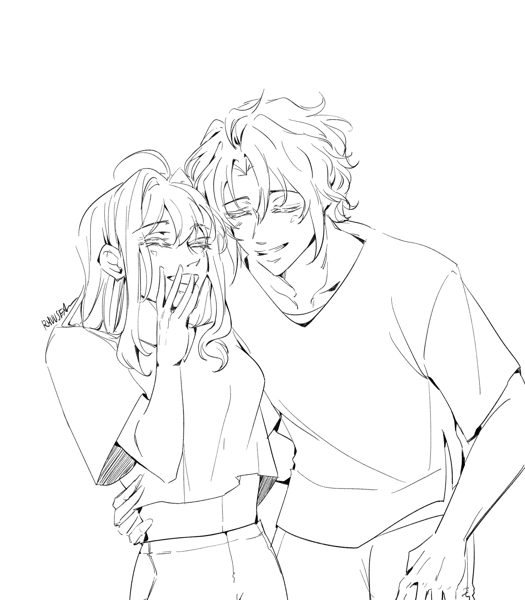 tsumugi laughing with hand to her mouth with gaku leaning in towards her also laughing with a hand around her waist, she also has hand around his back