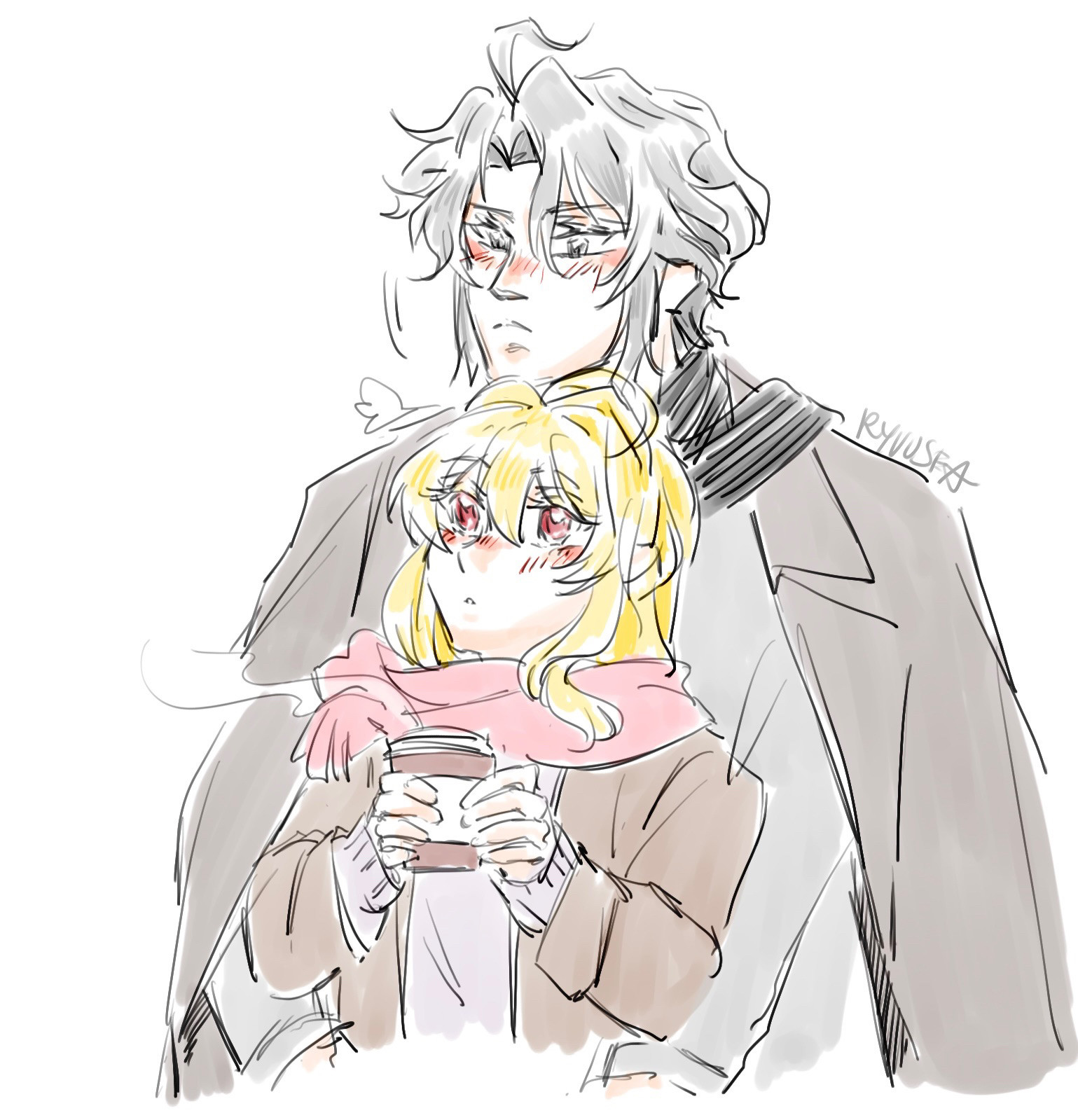 gaku and tsumugi in winter clothing, gaku putting his head on top of tsumugi’s while hugging her, she’s holding a coffee cup