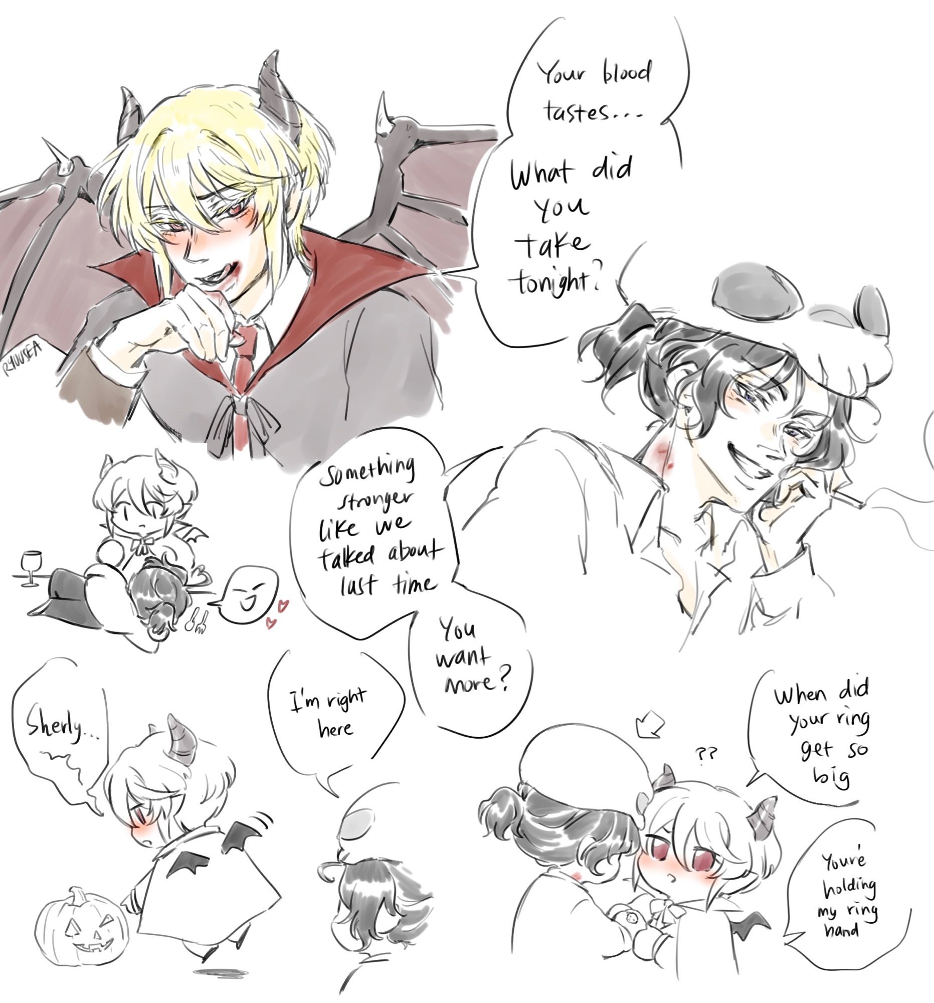 sherliam Halloween doodles, vampire Liam getting drunk off of Sherly's blood (implied he took something)