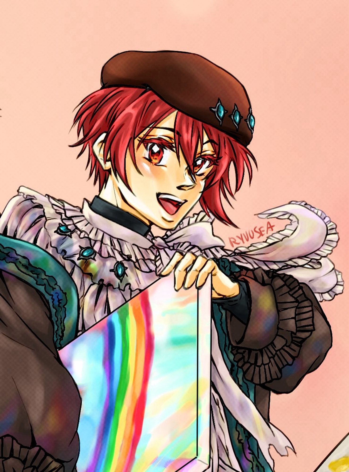 Close up of MEDiUM riku from previous post, he’s smiling while holding up painting of rainbow