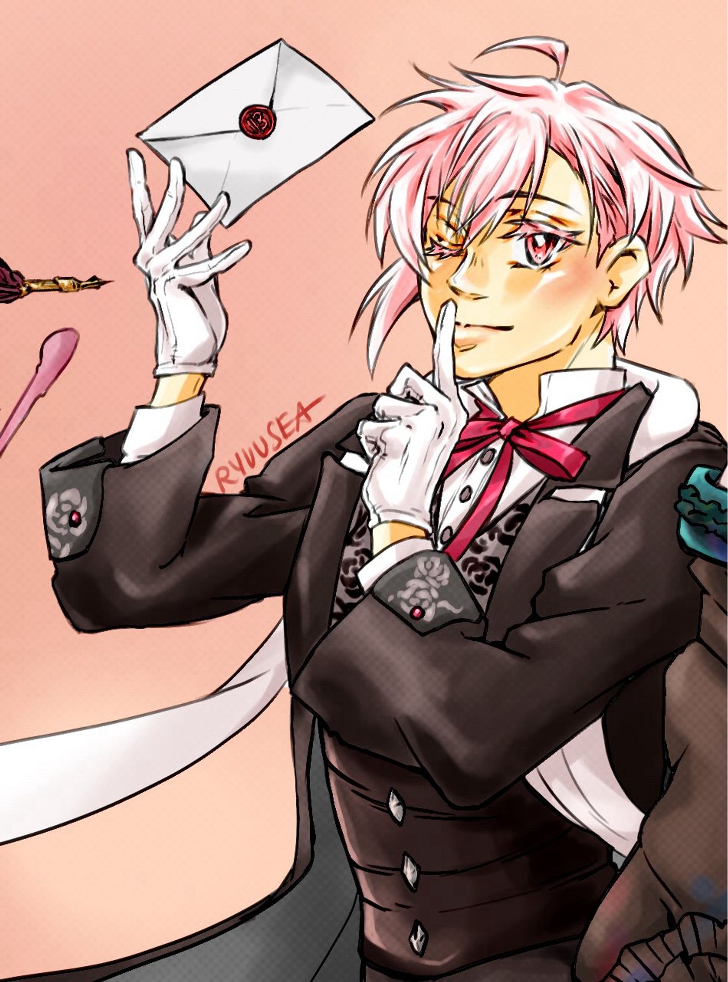 Close up of Hidden Region Tenn from previous post; he’s winking, finger to lips, letter floating above other hand