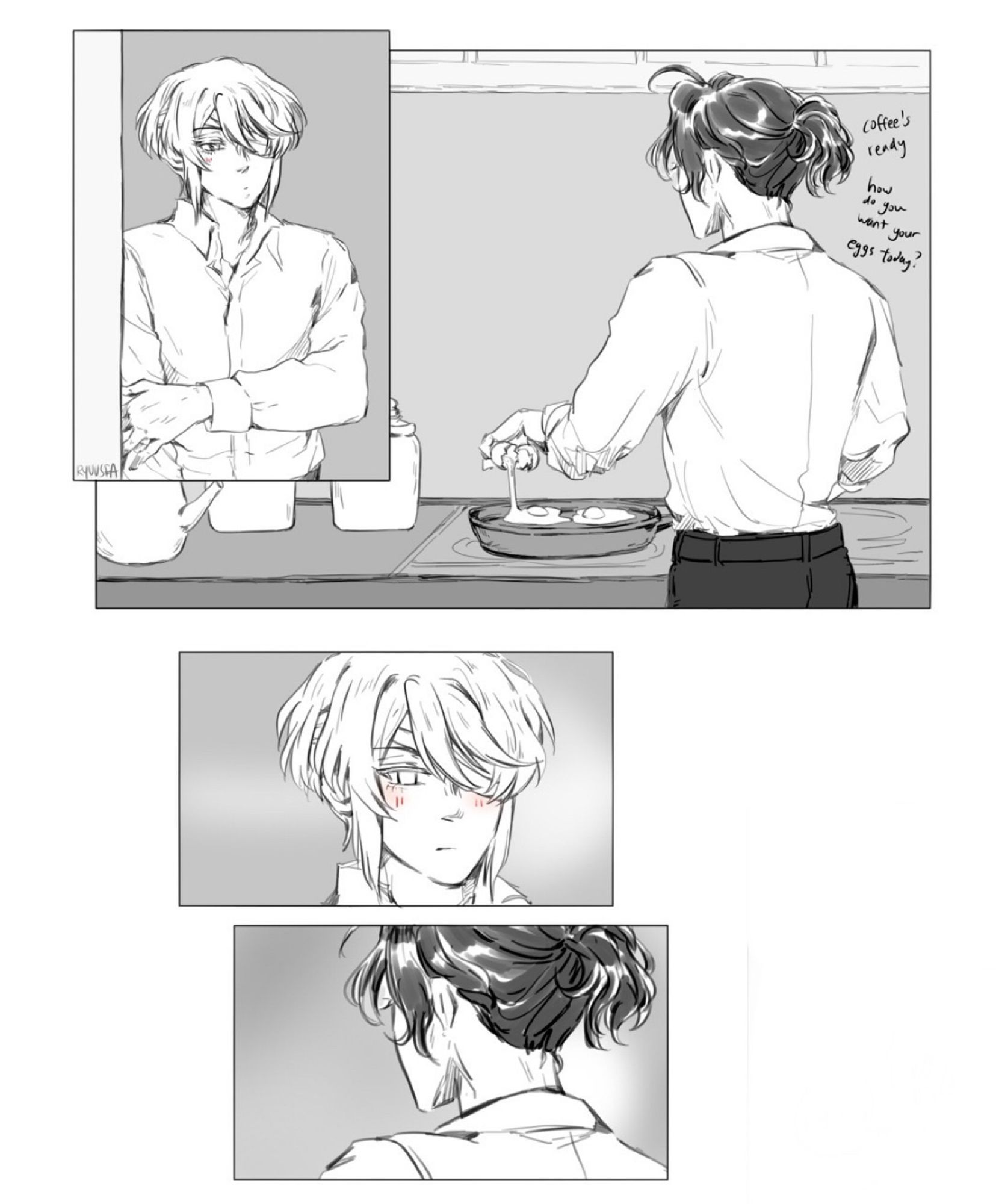 yuuumori Liam and sherly comic, 1st panel Liam leaning against wall, time skip version with bandages over eye. he is looking at sherly, who in 2nd larger panel, is cracking eggs into a frying pan. sherly's back is to us. to right of him, small text of him saying: "coffee's ready. How do you want your eggs today?" 

zoom in panels of liam's face, more blush on his cheeks, and zoom in on back of sherly's head and neck.