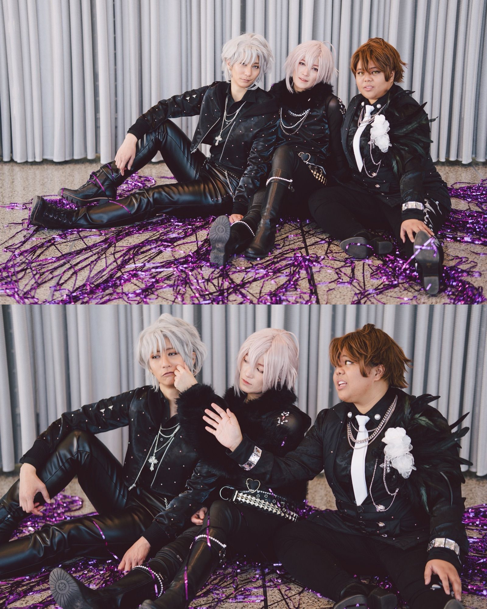 Cosplay of TRIGGER gaku, tenn, ryuu sitting on floor on top of purple streamers, gray curtain behind them; second photo is tenn pulling on gaku’s cheek while ryuu tries to stop him