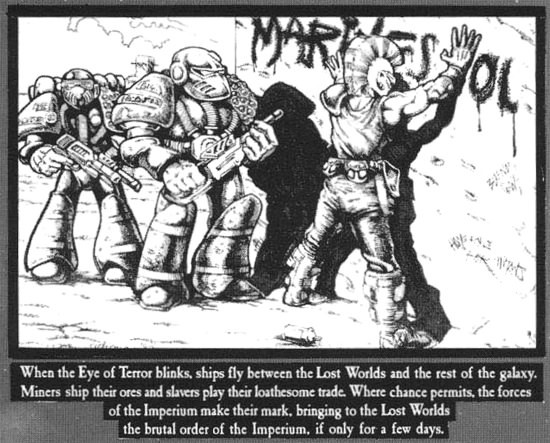 1st edition Space Marines doing the dumb grunt work of arresting a guy for graffiti, something well beneath the dignity of the mighty Adeptus Astartes they'd become later