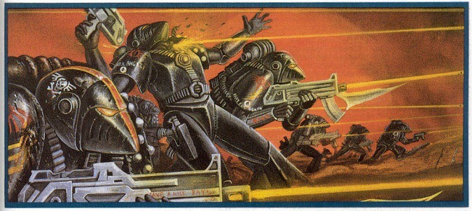 1st edition Raven Guard in battle. Note the "have a nice day" scrawled on the nearest Marine's bolter, a touch of quirk which would never fly today