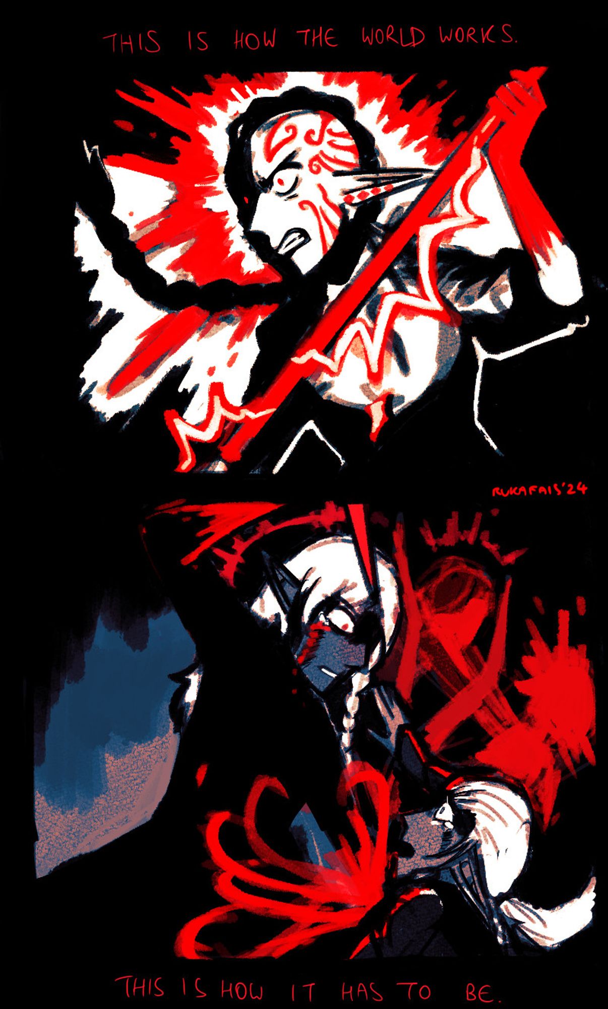 Two panels displayed vertically. The first panel shows Dahlia Sin'felle, an elf woman with a long braid, holding her weapon. Her hands and the weapon are coloured red. Her head is surrounded by a blood splatter halo. The second panel shows Vierna Do'urden, a drow woman with braided hair, preparing to turn her brother, Dinin Do'urden, into a spider/drow monster, a drider. Her hands are bloodstained and her knife is red. Both of them are crying. In the shadows of the panel, it shows her transforming Dinin into a drider.
The words on the page are "This is how the world works. This is how it has to be."