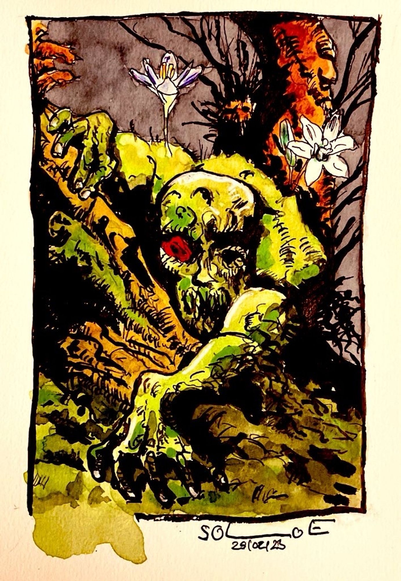 Comicselbst als Swamp Thing über einem Baumstumpf. Aus der Schulter wachsen Krokus und Ixia, das rechte Auge ist eine Rose.