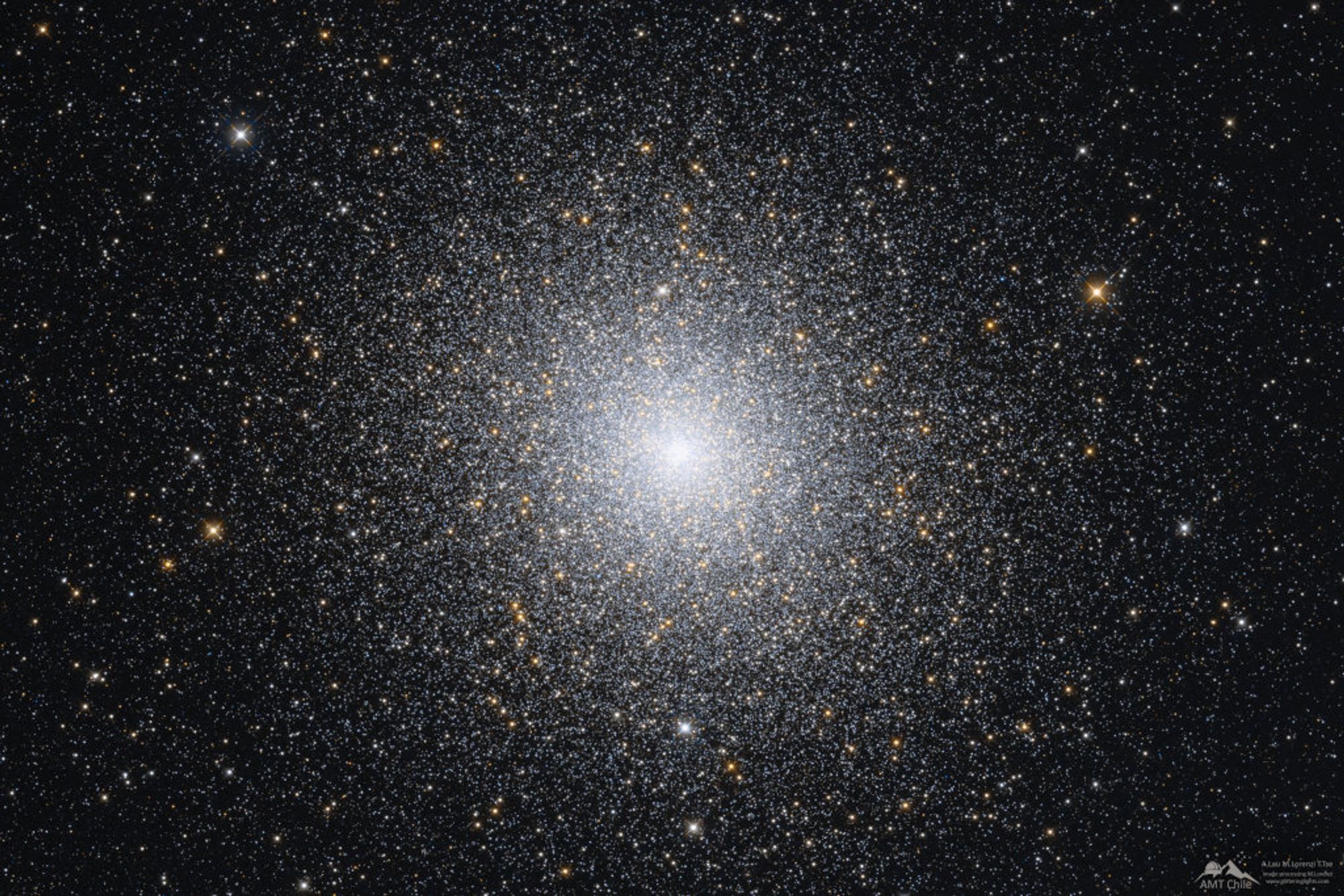 Globular star cluster 47 Tucanae is a jewel of the southern sky. Also known as NGC 104, it roams the halo of our Milky Way Galaxy along with some 200 other globular star clusters. The second brightest globular cluster (after Omega Centauri) as seen from planet Earth, 47 Tuc lies about 13,000 light-years away. It can be spotted with the naked-eye close on the sky to the Small Magellanic Cloud in the constellation of the Toucan. The dense cluster is made up of hundreds of thousands of stars in a volume only about 120 light-years across. Red giant stars on the outskirts of the cluster are easy to pick out as yellowish stars in this sharp telescopic portrait. Tightly packed globular cluster 47 Tuc is also home to a star with the closest known orbit around a black hole.