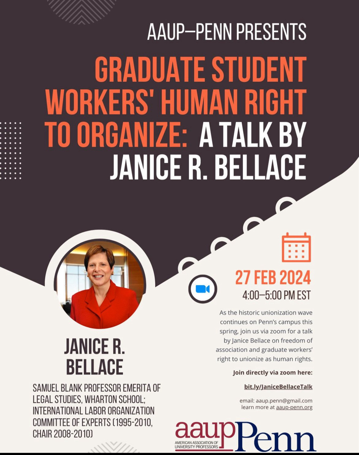 Flyer for event on graduate student workers’ right to organize. Feb 27, 4-5pm at bit.ly/JaniceBellaceTalk