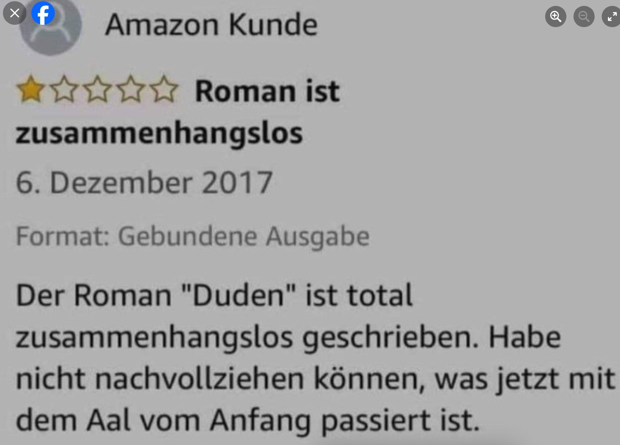 Amazon Bewertung zum Duden: 
Roman ist zusammenhanglos. Habe nicht nachvollziehen können, was jetzt mit dem Aal vom Anfang passiert ist.