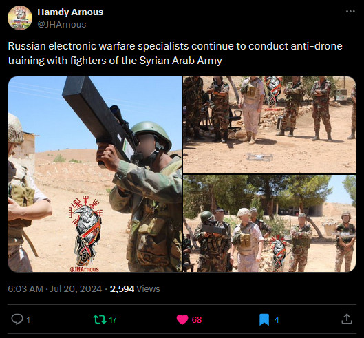 Hamdy Arnous
@JHArnous
Russian electronic warfare specialists continue to conduct anti-drone training with fighters of the Syrian Arab Army