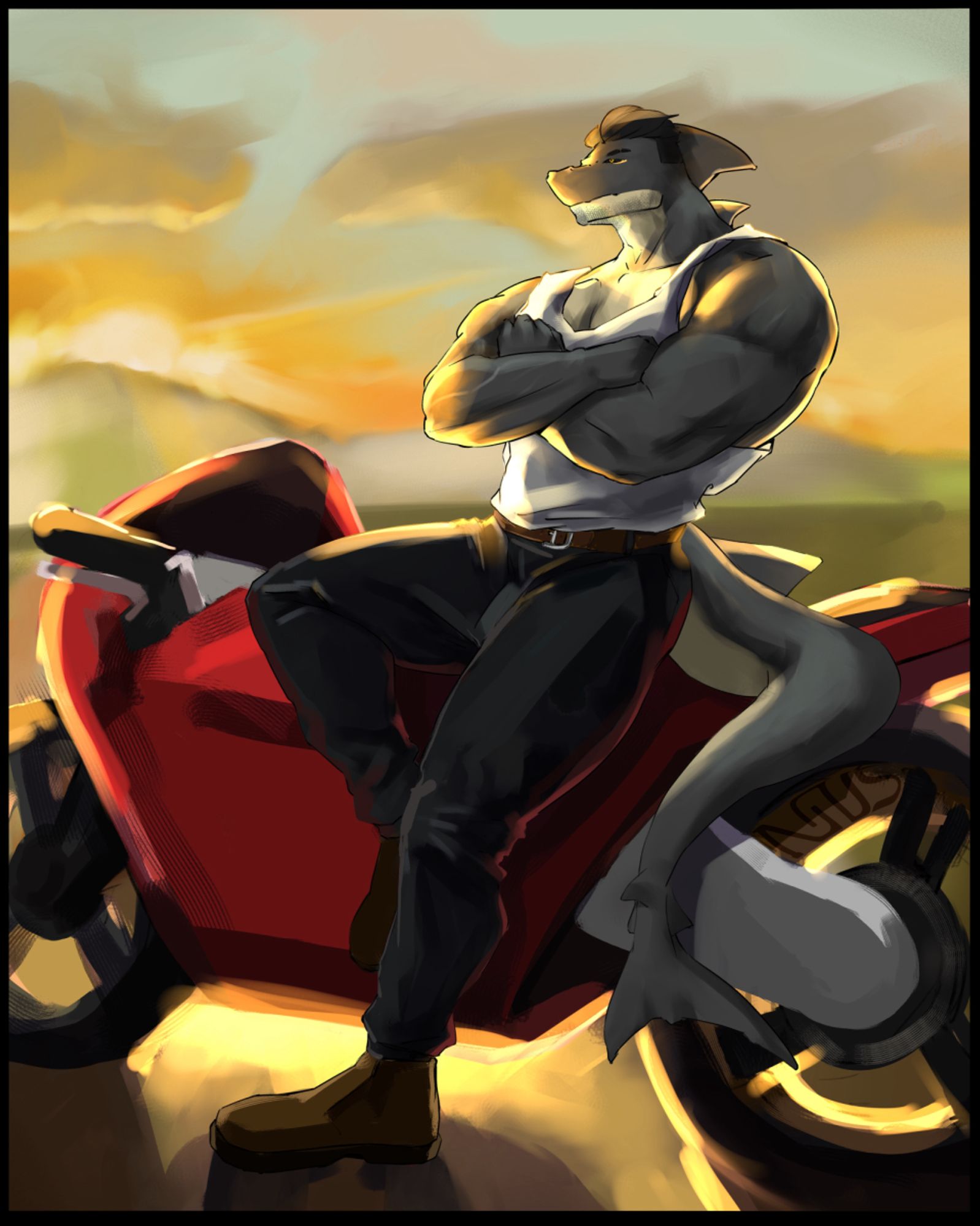 buffed shark man wearing a tanktop and leather pants lean on his red motorbike. 