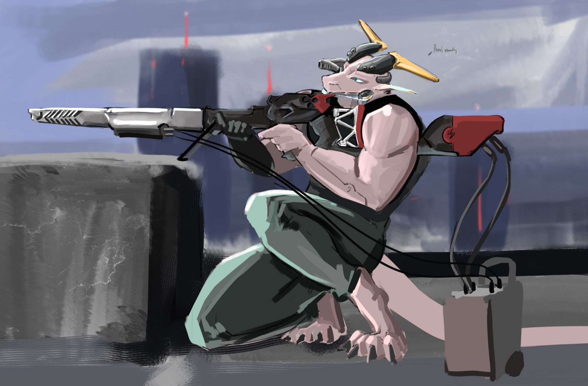 nous holding a long and thin pulse rifle with a gaggle at top of a windy building, wearing a tanktop and a deep green pants.  his golden antenna horn shimmers with far red lights