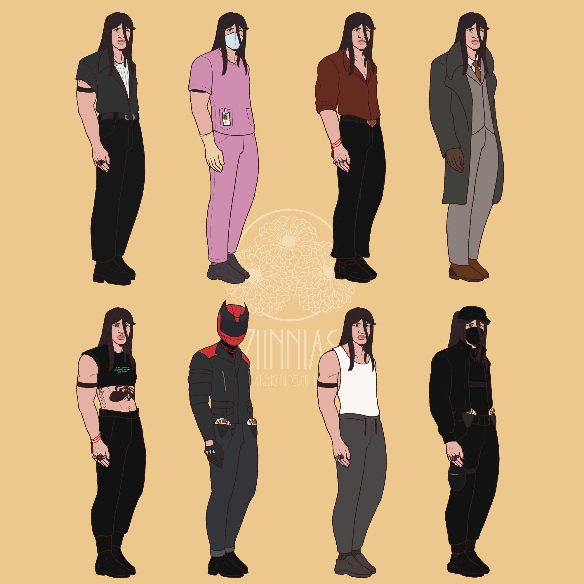 A spread of the main eight outfits that Vina wears in my comic, Marmalade Gaze.
Row 1: A dark gray button up half unbuttoned with a white ribbed tank underneath both tucked into black pants, pink scrubs and an off-white facemask, a burnt orange button up tucked into black pants, a light-gray suit with a darker gray coat
Row 2: a black crop top that says "if it's designer how come you feel like a fake" and black pants, motorcycle riding gear with a devil-like helmet, a white tanktop and grey sweatpants, and an all black tech-wear outfit with a black face mask and hat.