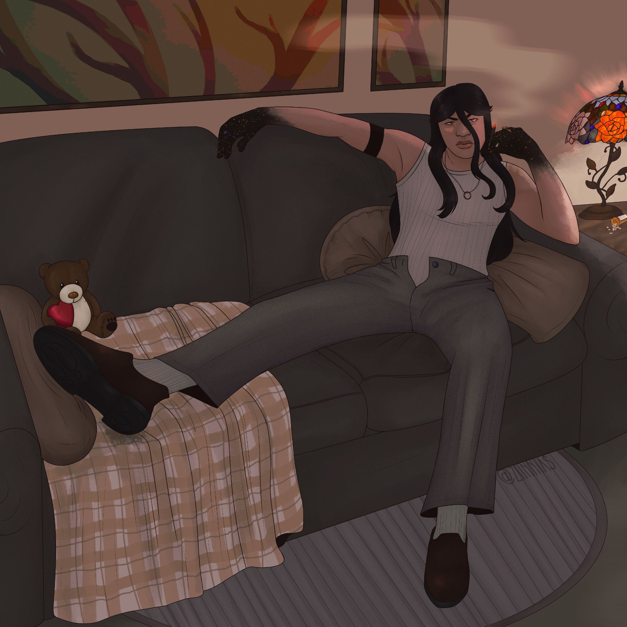 An illustration of my original character, Vina (they/them). They are reclined back on a loveseat, a couple of pillows supporting their back. They are splayed out, one hand holding onto a lit blunt, the other stretched out onto the sofa. They have long, dark hair, dark eyes, and an unreadable expression. They are wearing a ribbed white tanktop, gray slacks, and brown dress shoes with imprints of deer hooves on the bottom. They are wearing multiple rings, two on each hand, and one on a chain around their neck. One foot is propped up on the couch, the other planted on the ground. Their hands are darkened into an inky void that fades out past their wrists, and there are glowing flecks of orange floating around the darkened skin.