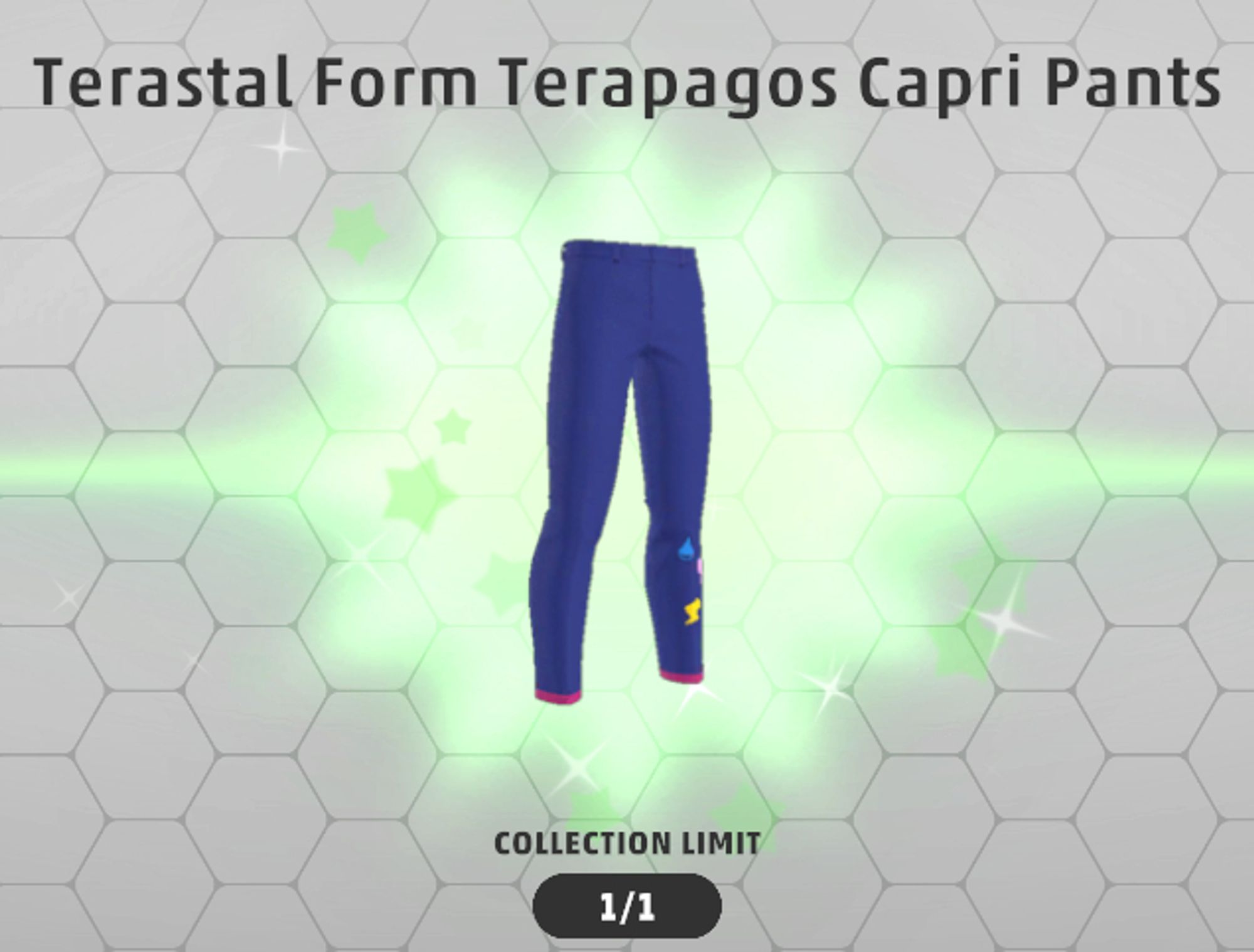 Terastal Form Terapagos Capri Pants, which are just blue pants with 3 Energy symbols on them. In-game, they do nothing special.