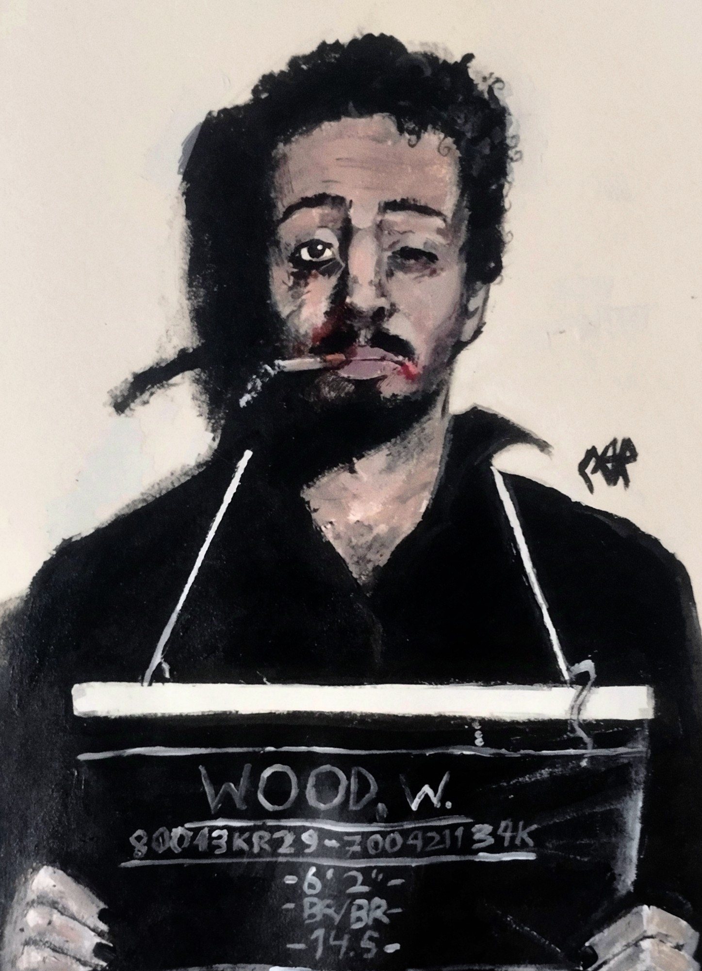 A painting of a scene from the 6up5oh copout music video by the musician Will Wood. 
In this scene, Will  is taking a mugshot. He looks beaten up, one eye closed and probably injured, blood coming out of his mouth and nose, smeared eyeliner on his eyes. He's smoking a cigarette while holding a placard with his name on it. The lighting is dramatic and he looks lifeless. 
The hands suck, I suck at painting hands. 