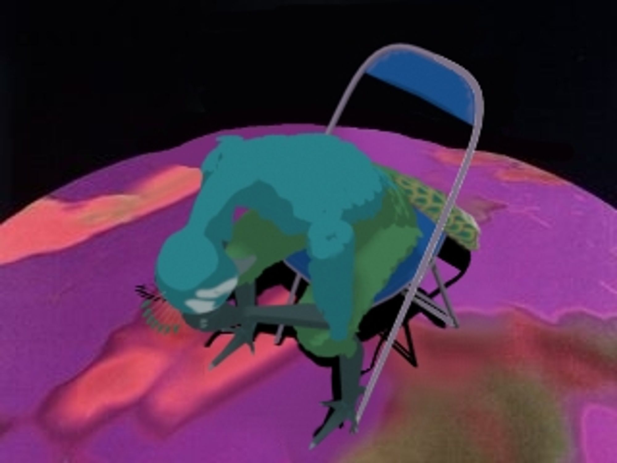 Opal sitting on a sire chair, bent forward, head in hands. This is a reference to an image from the anime series Neon Genesis Evangelion in which the protagonist does the same.