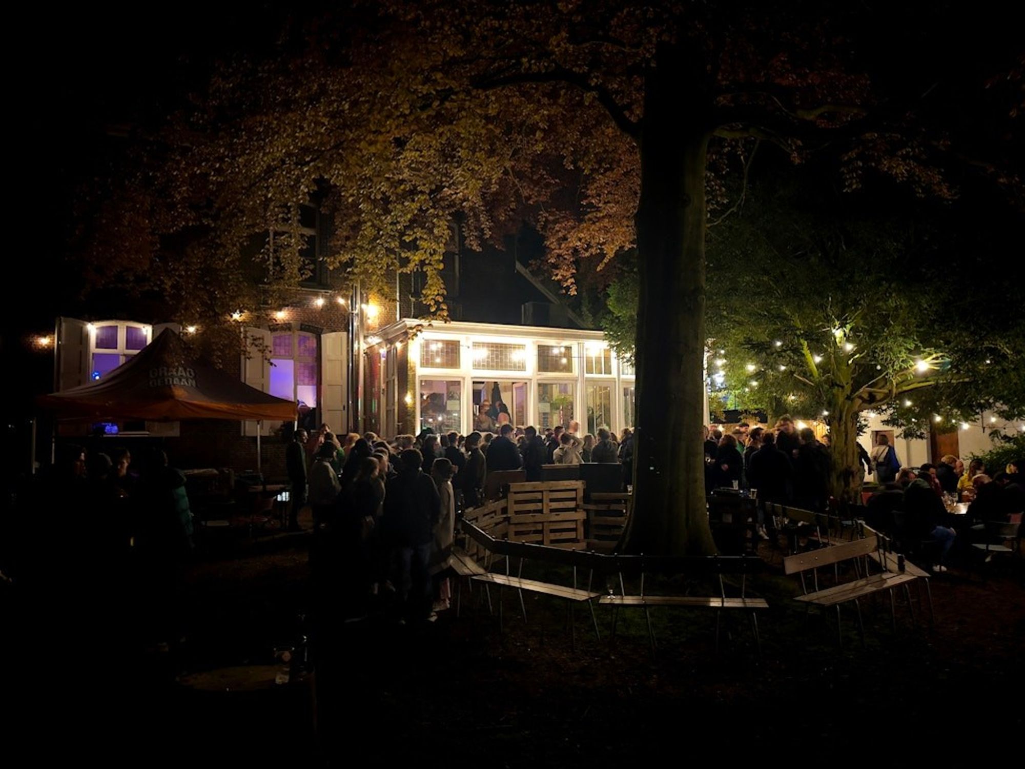 Crowd gathers at night in a park, illuminated by warm lights from a building and trees, creating a social, outdoor event atmosphere.