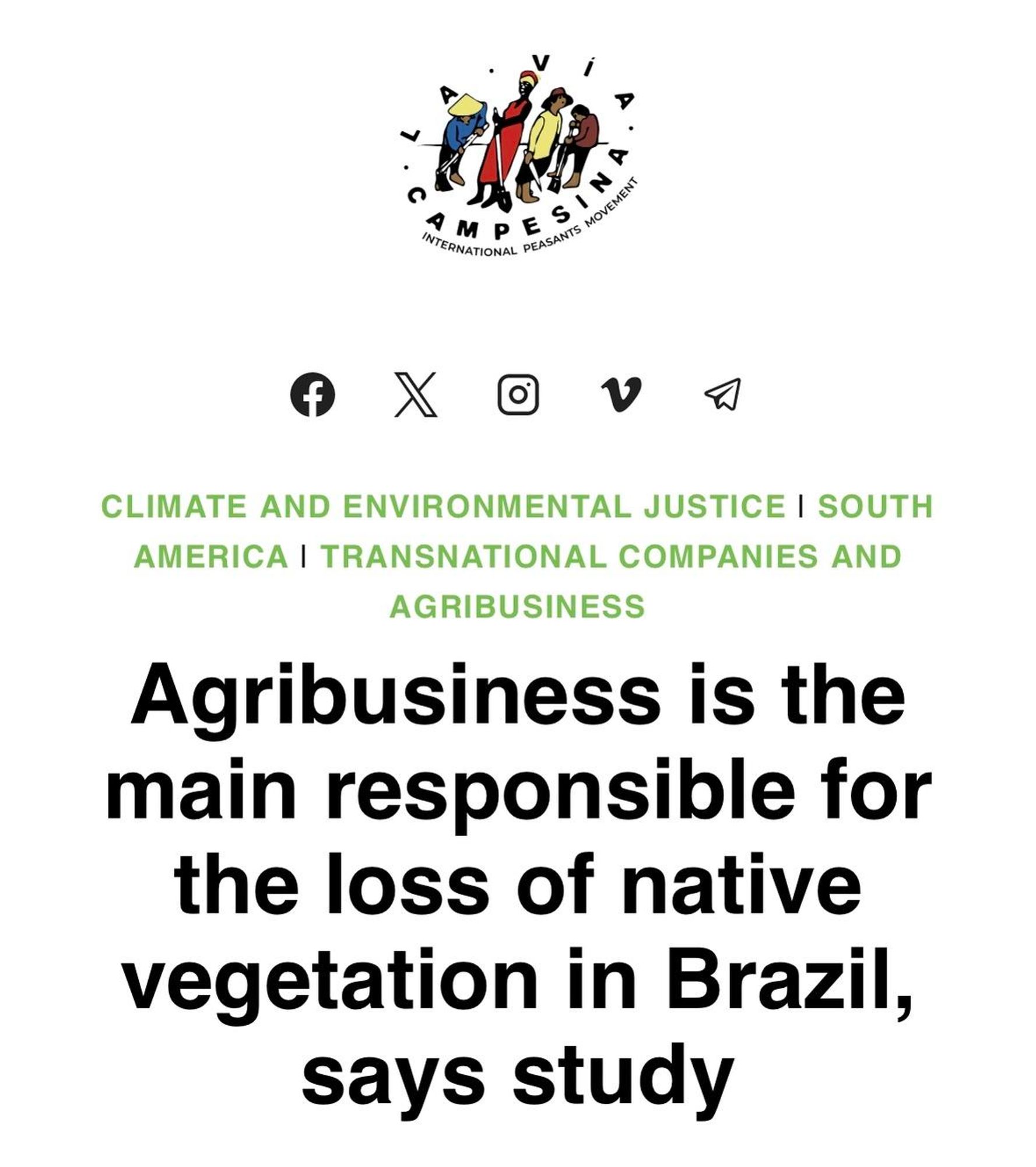 📢 EN | New Study : Agribusiness is the main responsible for the loss of native vegetation in Brazil 👉https://viacampesina.org/en/agribusiness-is-the-main-responsible-for-the-loss-of-native-vegetation-in-brazil-says-study
📢 ES | Nuevo estudio : El agronegocio es el principal responsable de la pérdida de vegetación nativa en Brasil 👉https://viacampesina.org/es/el-agronegocio-es-el-principal-responsable-de-la-perdida-de-vegetacion-nativa-en-brasil-afirma-estudio
#StopEUMercosur
https://StopEUMercosur.org