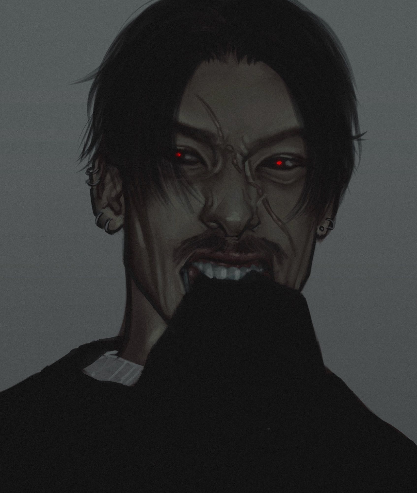 Sketch of a young Asian man with parted brown hair with glowing red eyes — he is biting his black jumper with a snarl