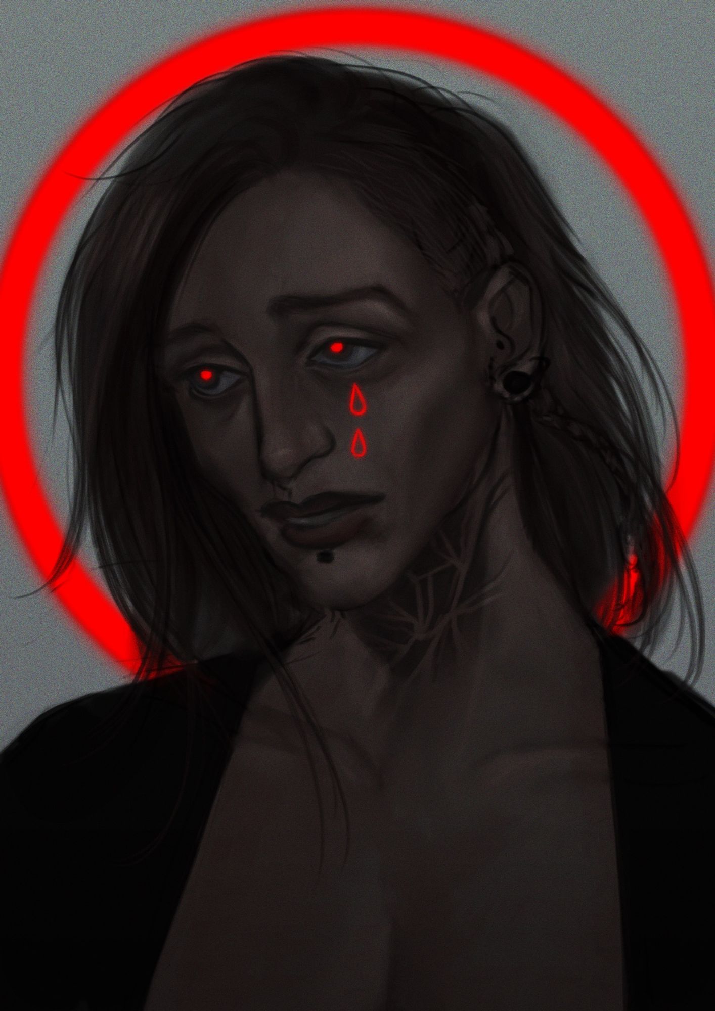 Portrait of an androgynous person inspired by the Madonna crying bright red tears. They are also standing in front of a glowing red halo
They look distraught and have both neck tattoos and many piercings