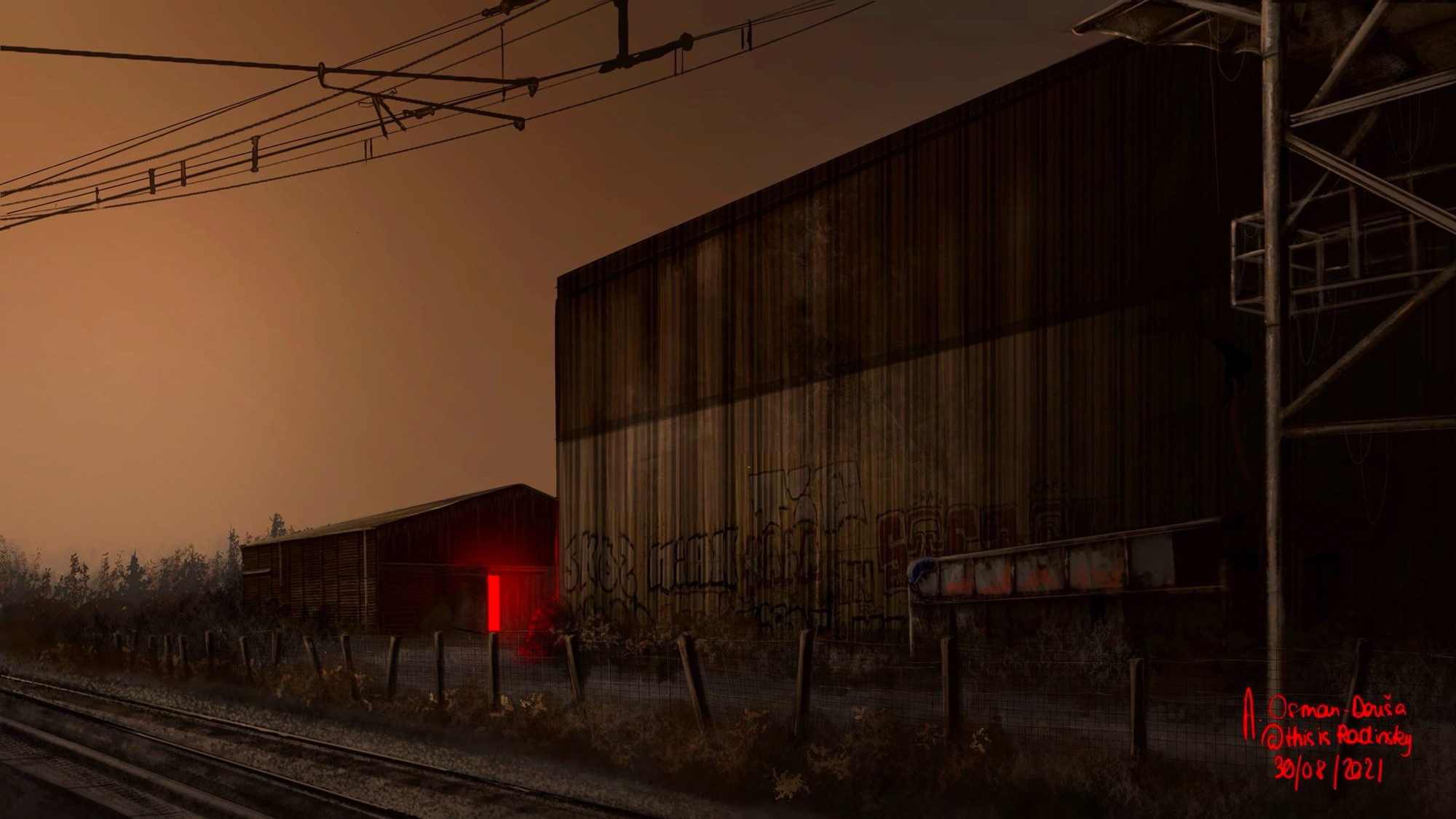 Digital painting of an abandoned barn and hanger by the train tracks on a stormy, orange day - the hanger has graffiti on it, and the small shack in the back has its door open out of which a red glow eminates